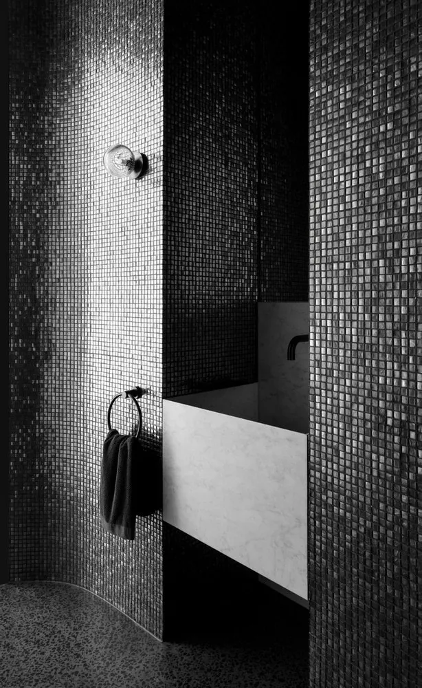 Sheltered outdoor room carved under a vaulted form