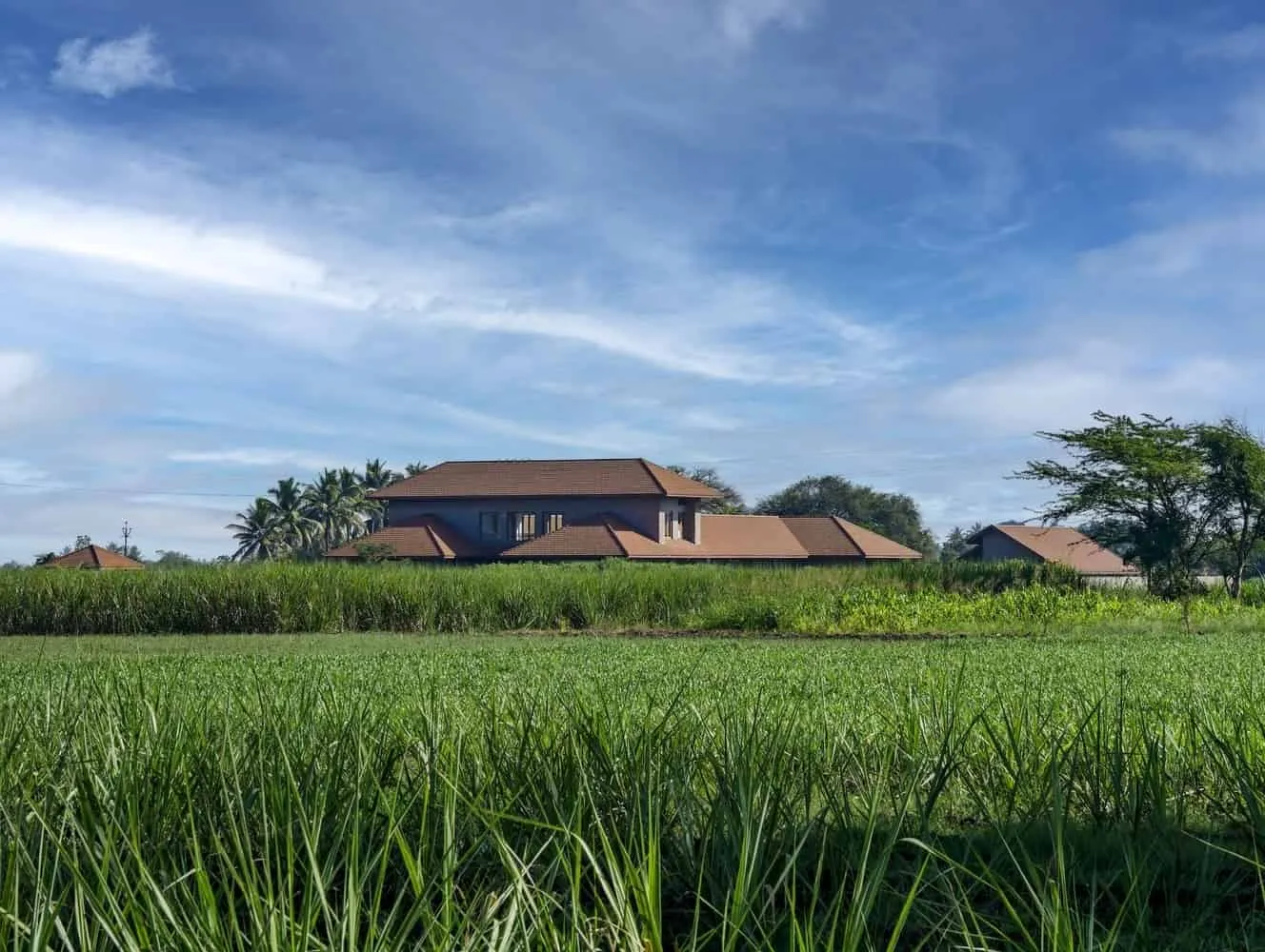 Stone and brick house with gabled roofs opening into a welcoming front courtyard in Falton.