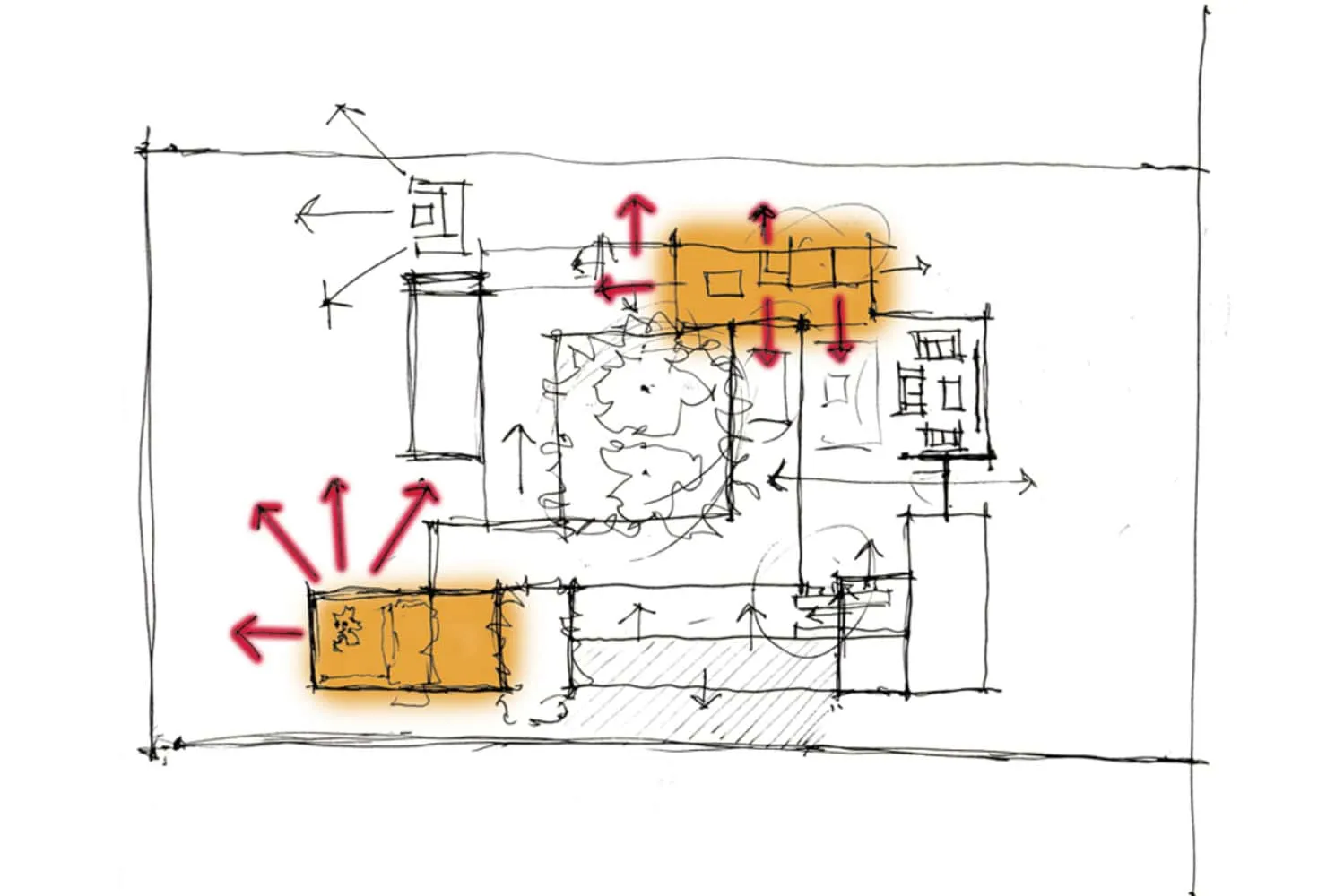 外部设计草图，附注和标注区域，展示现代住宅或商业空间的规划与布局