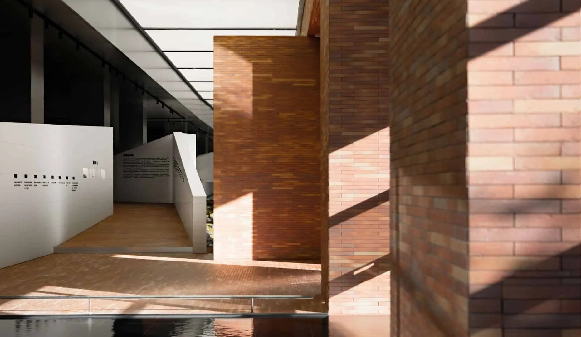 长镜面画廊，集成显示器与照明指引