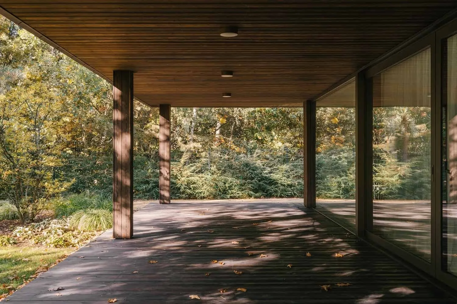 深色外墙与明亮宁静的室内空间通过玻璃清晰呈现对比。