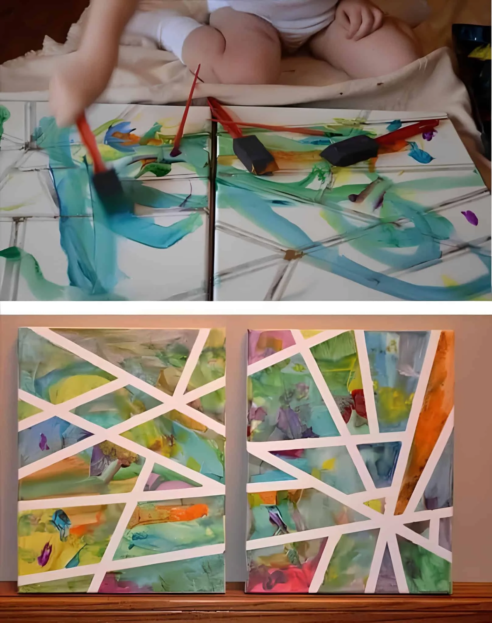 儿童创作的抽象画作为DIY墙面