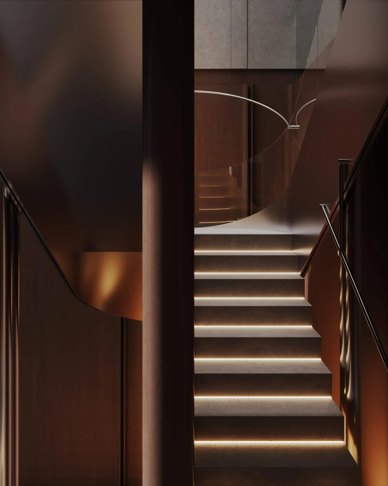 从上方俯瞰现代木与混凝土内饰中的照明楼梯。