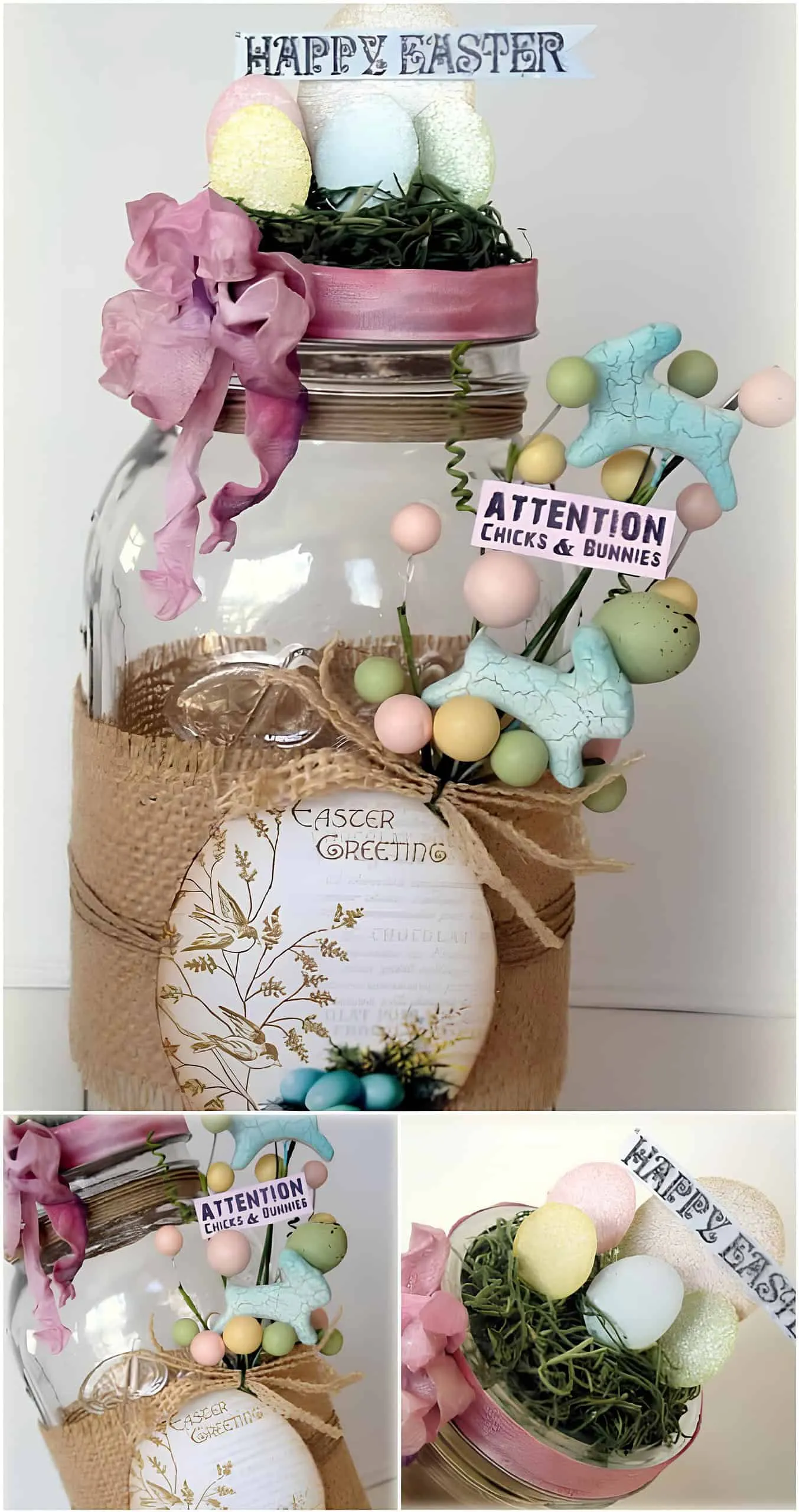 手工复活节 Mason 罐子，有胡须、柔和鸡蛋、人造草和春季祝福标签