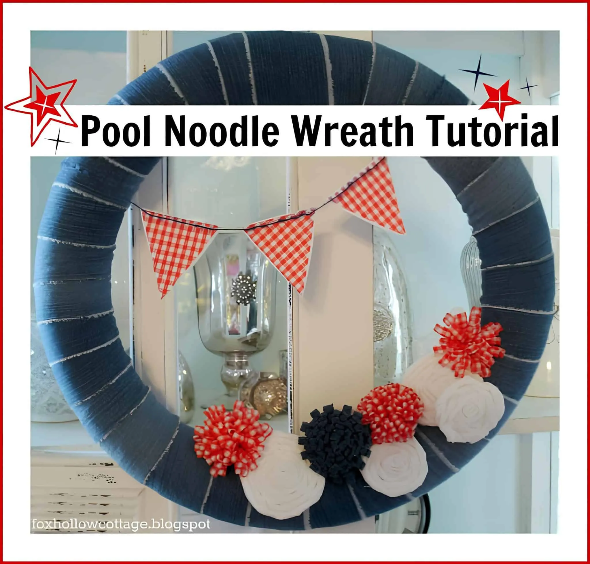 用布料包裹的DIY救生圈花环，装饰有蝴蝶结和花朵