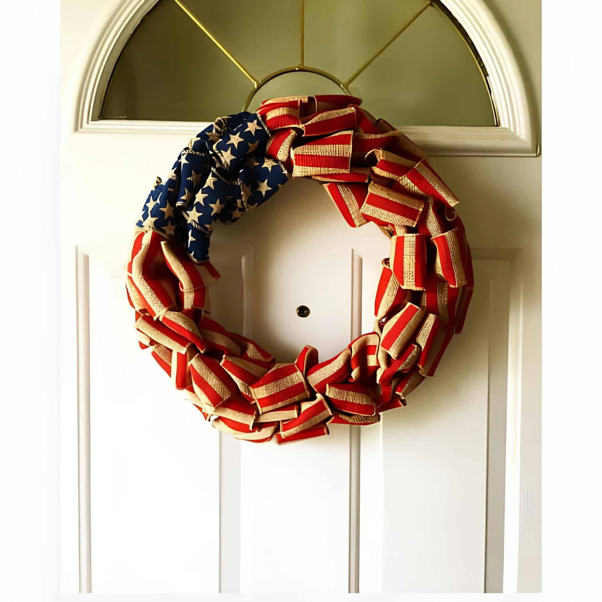 以美国国旗为主题的丝绸带花环，装饰于前门