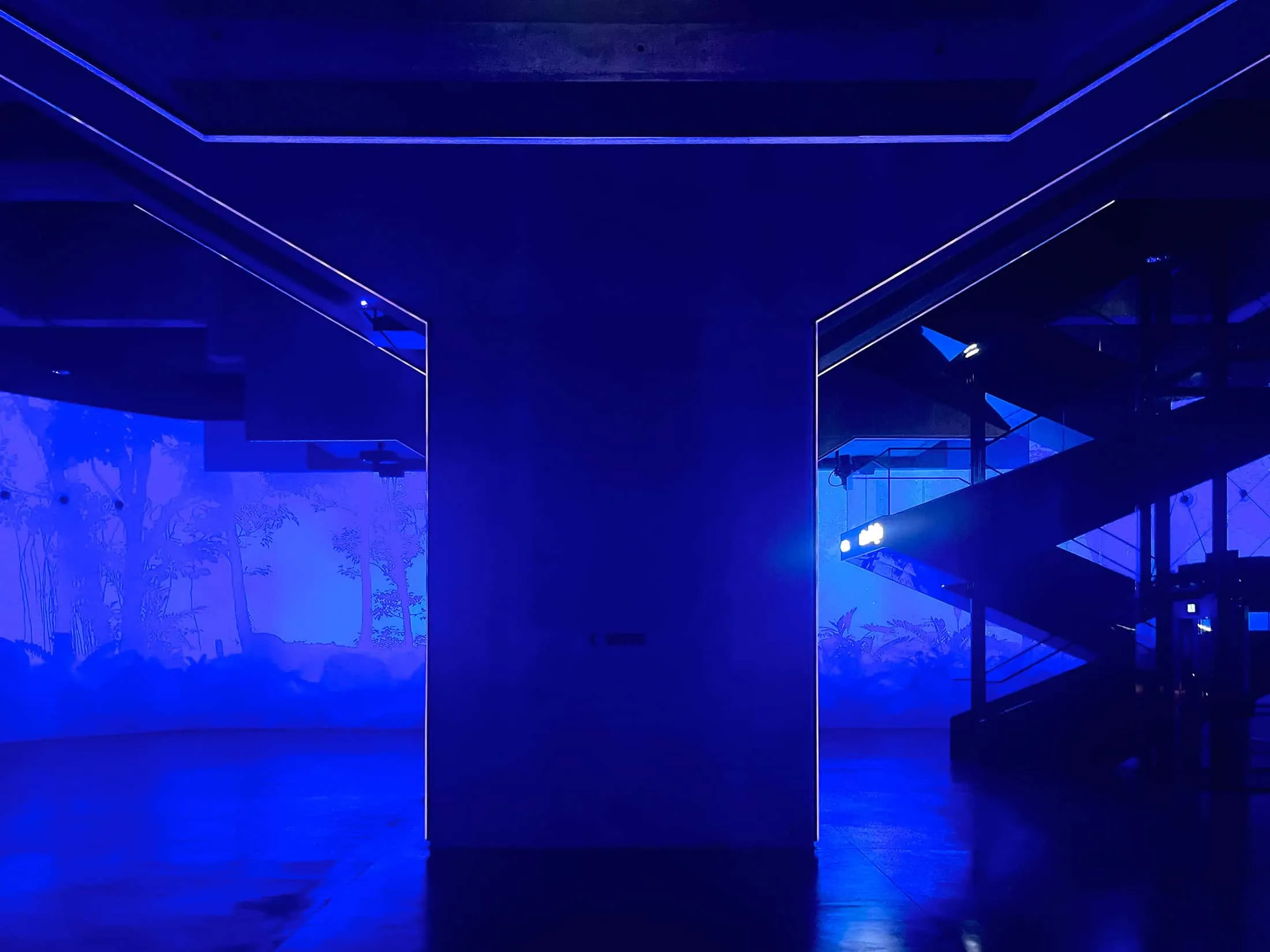 Immersive forest projection in blue tones inside La Géode's installation zone.