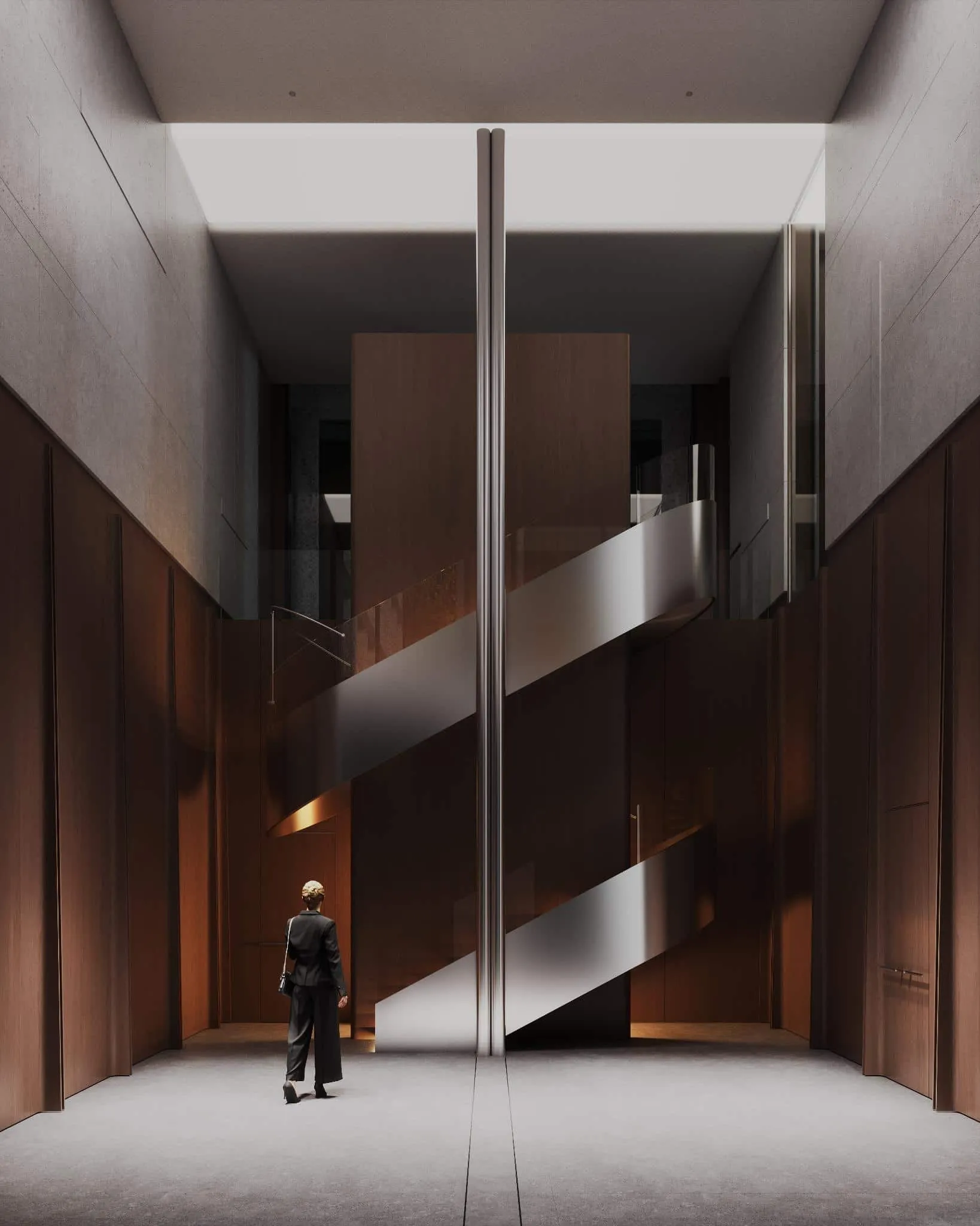 宽敞木质中庭中的雕塑金属楼梯，配有柔和照明。