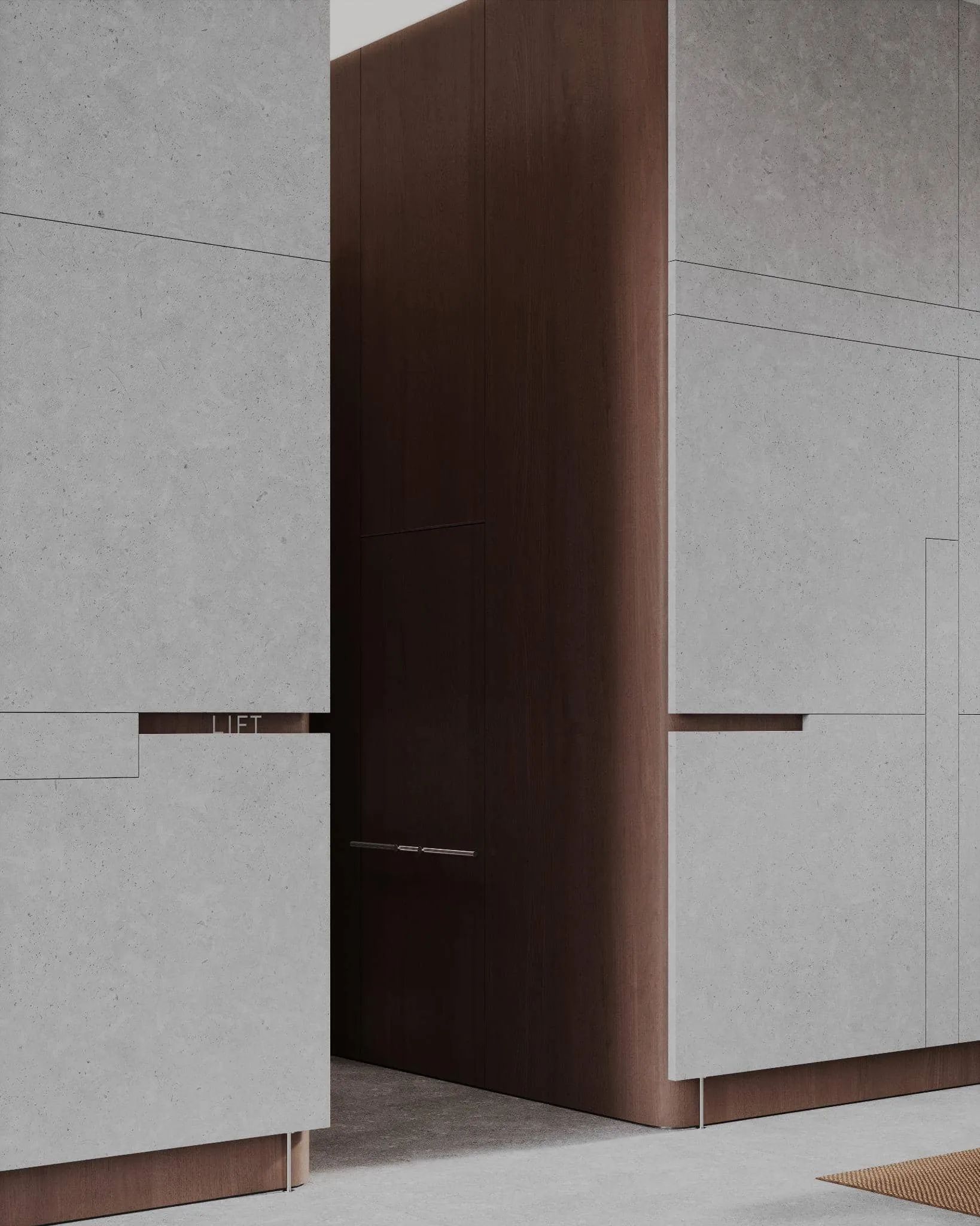 位于温暖木质面板与灰色混凝土墙之间的电梯入口。