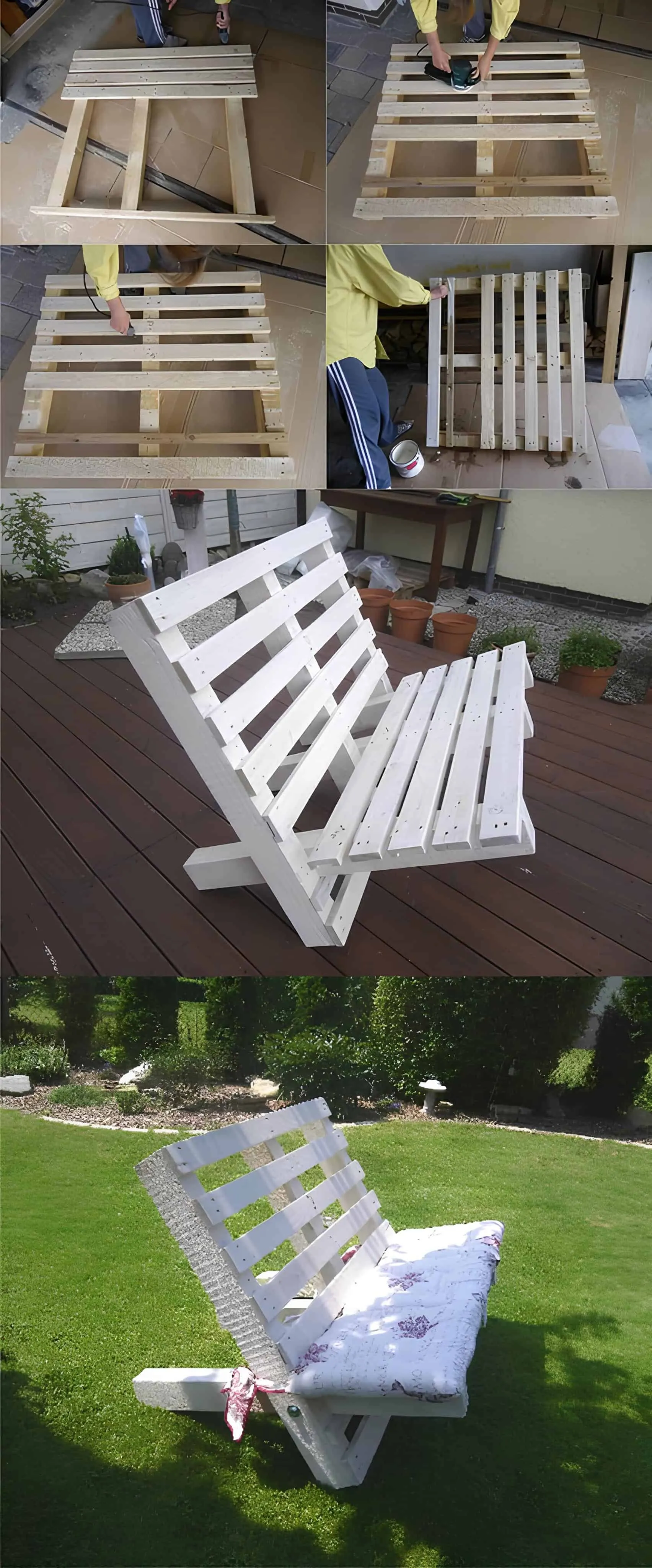 白色涂装的花园长椅建造过程，使用托盘条