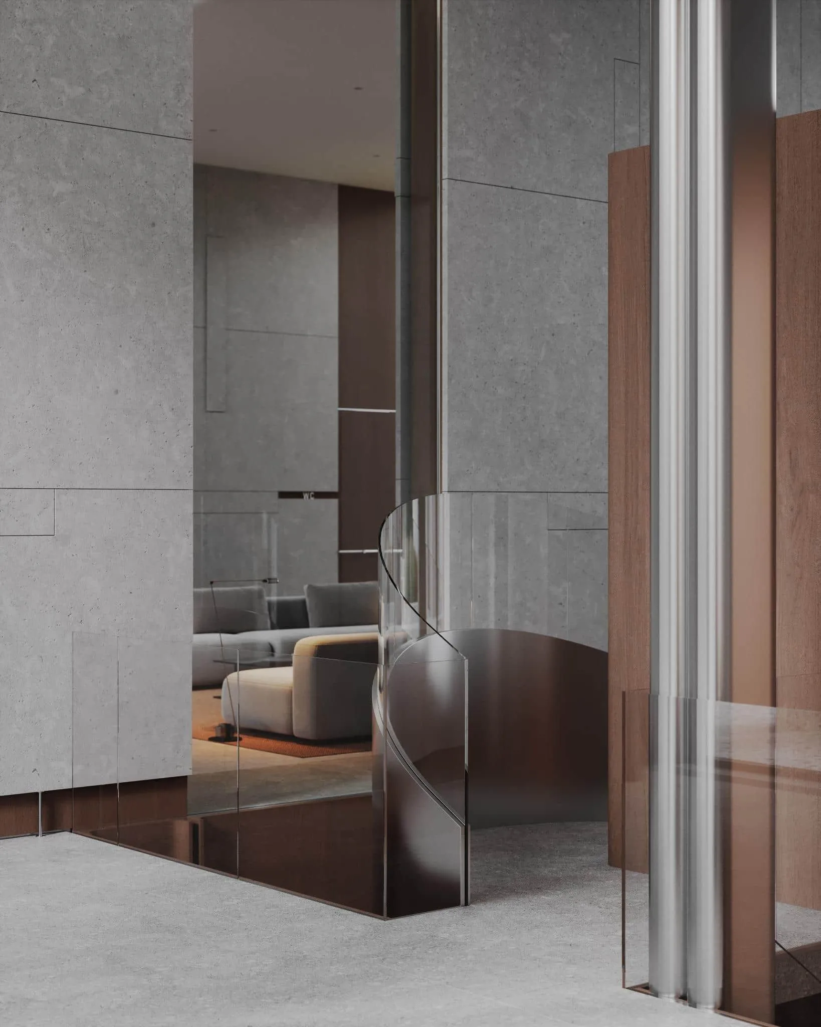 优雅玻璃扶手，配以现代大堂中的柔和灰色座椅。