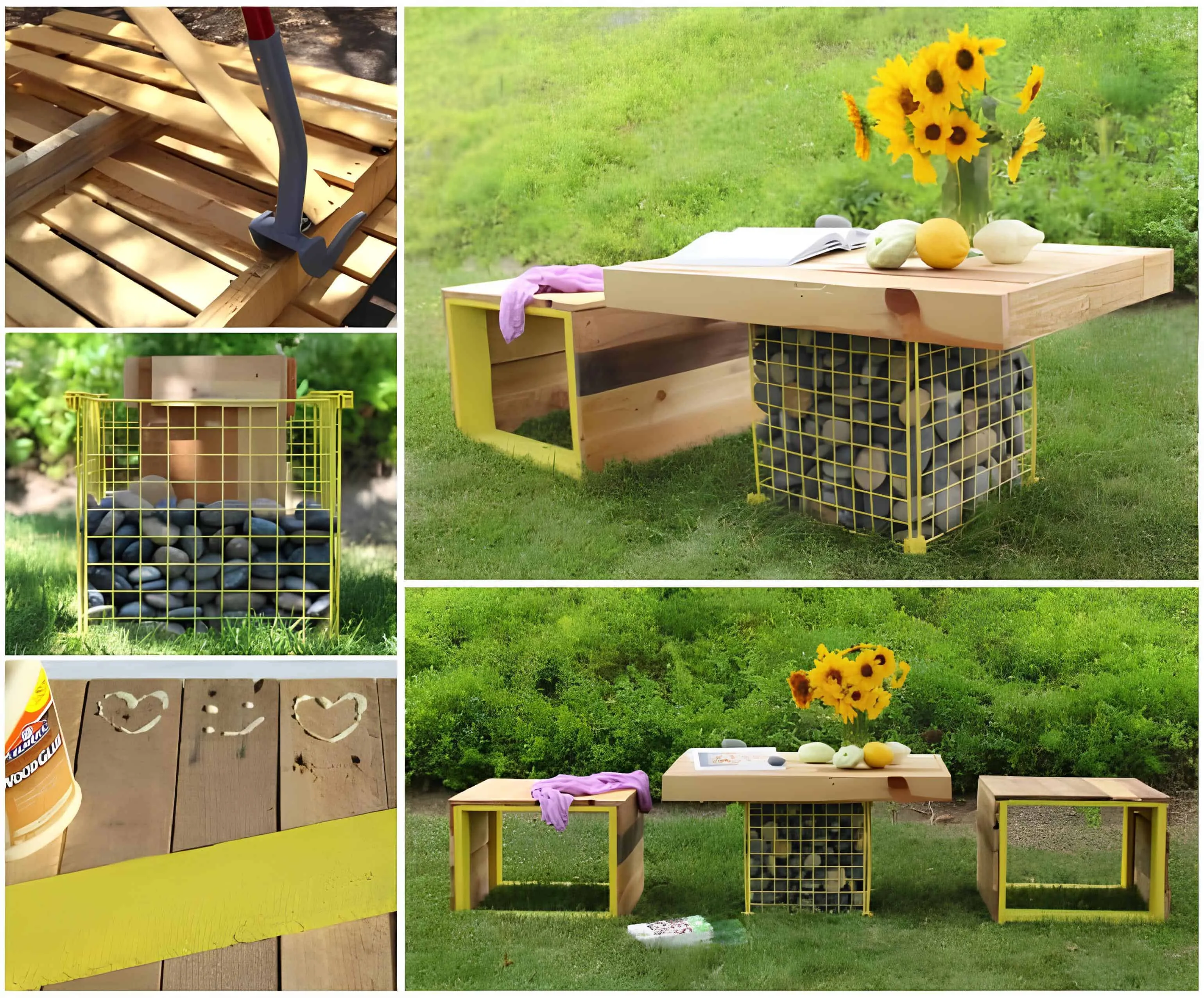 带有创意石底座和亮黄色边框的长椅