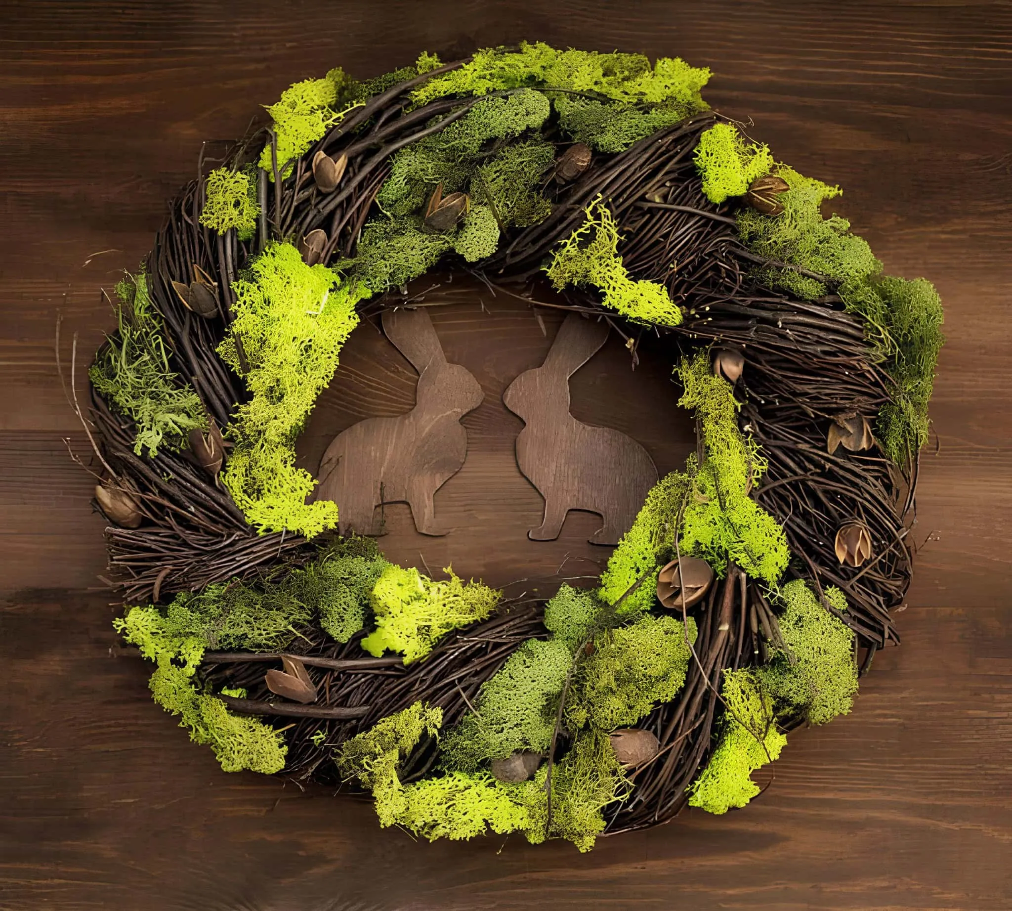 复活节枝条门饰，配有苔藓和木制兔子