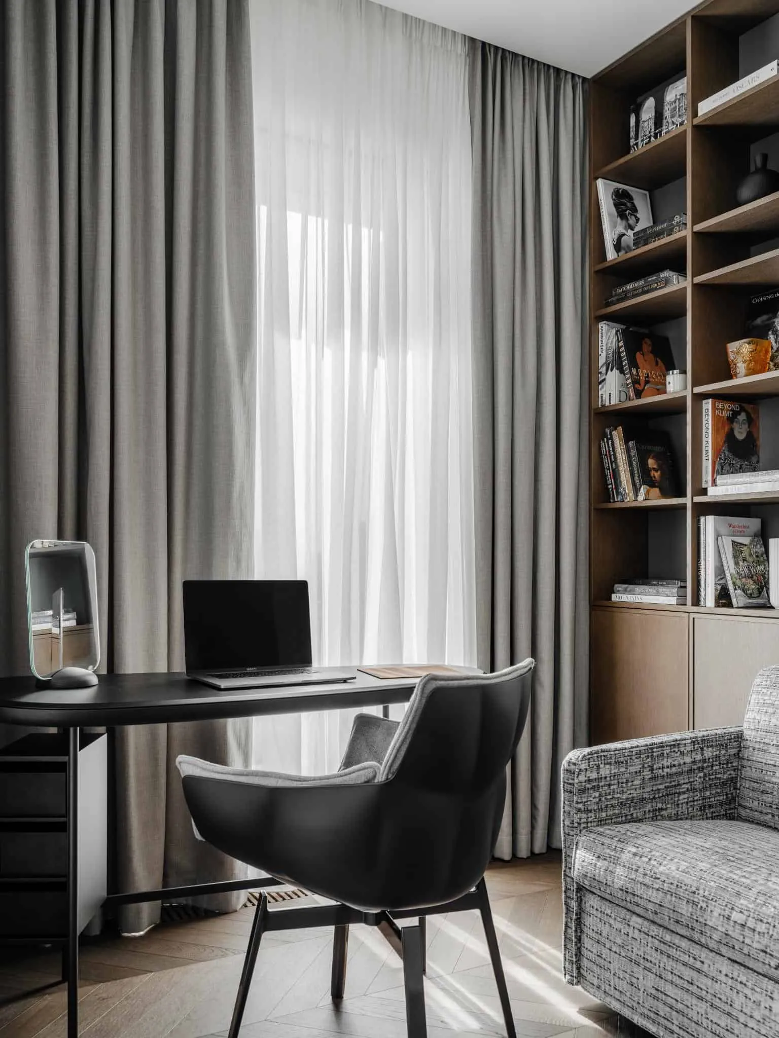 Workplace with natural light and shelves.