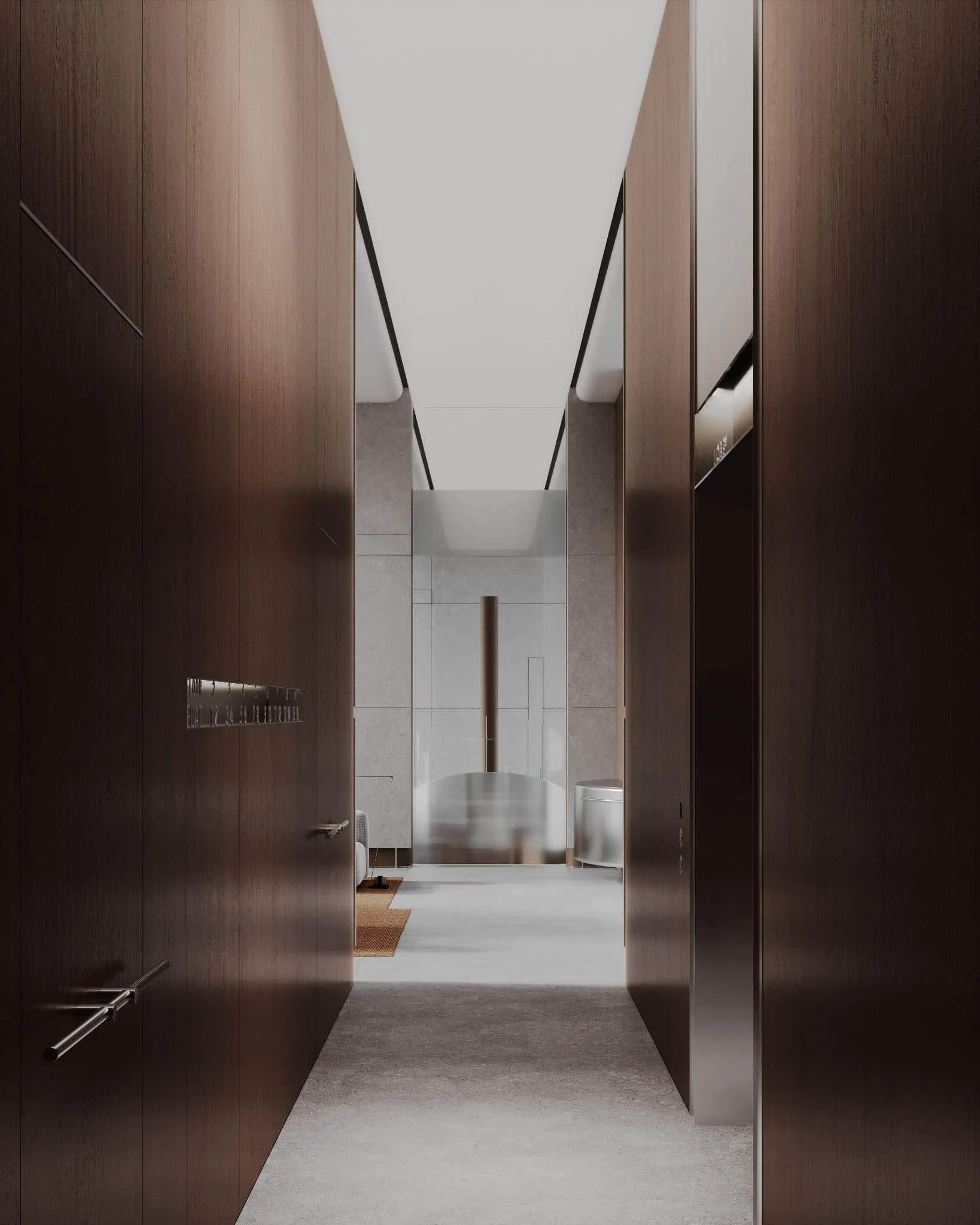 从电梯到开放大堂的走廊视角，两侧设有木质墙面。