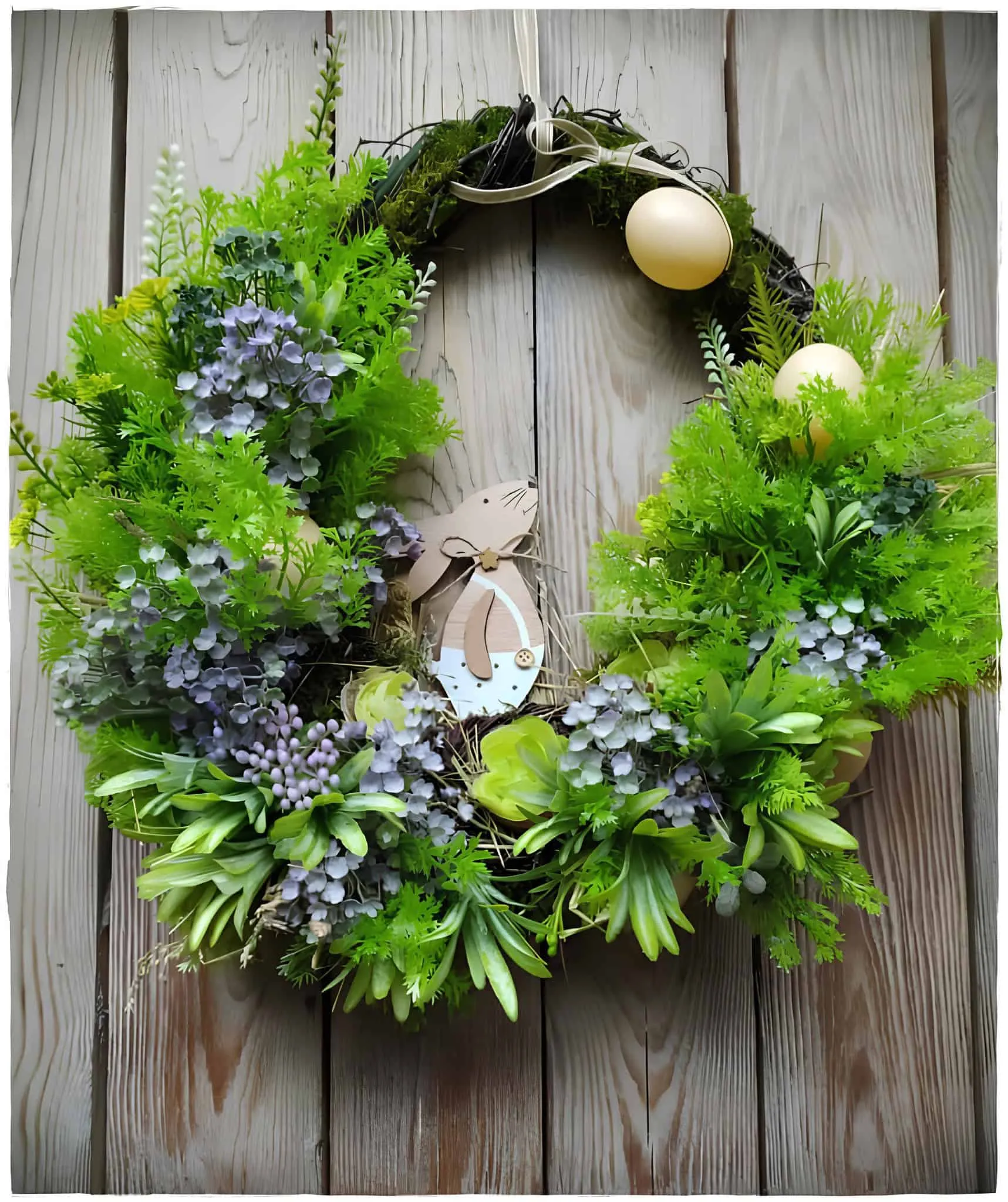 复活节门饰，配有丰富的绿叶、兔子和粉彩鸡蛋