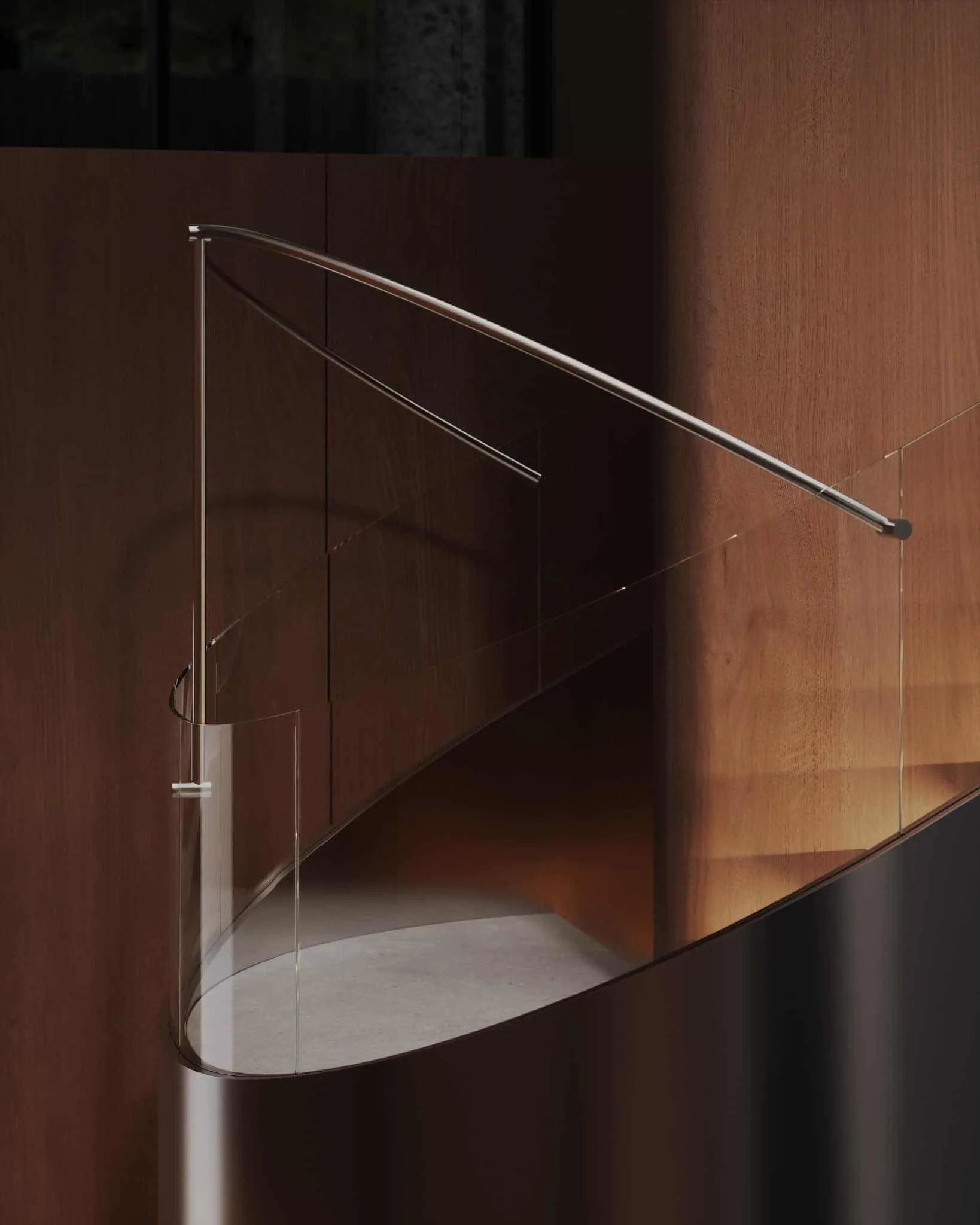 弯曲玻璃扶手细节，配有木质墙面。