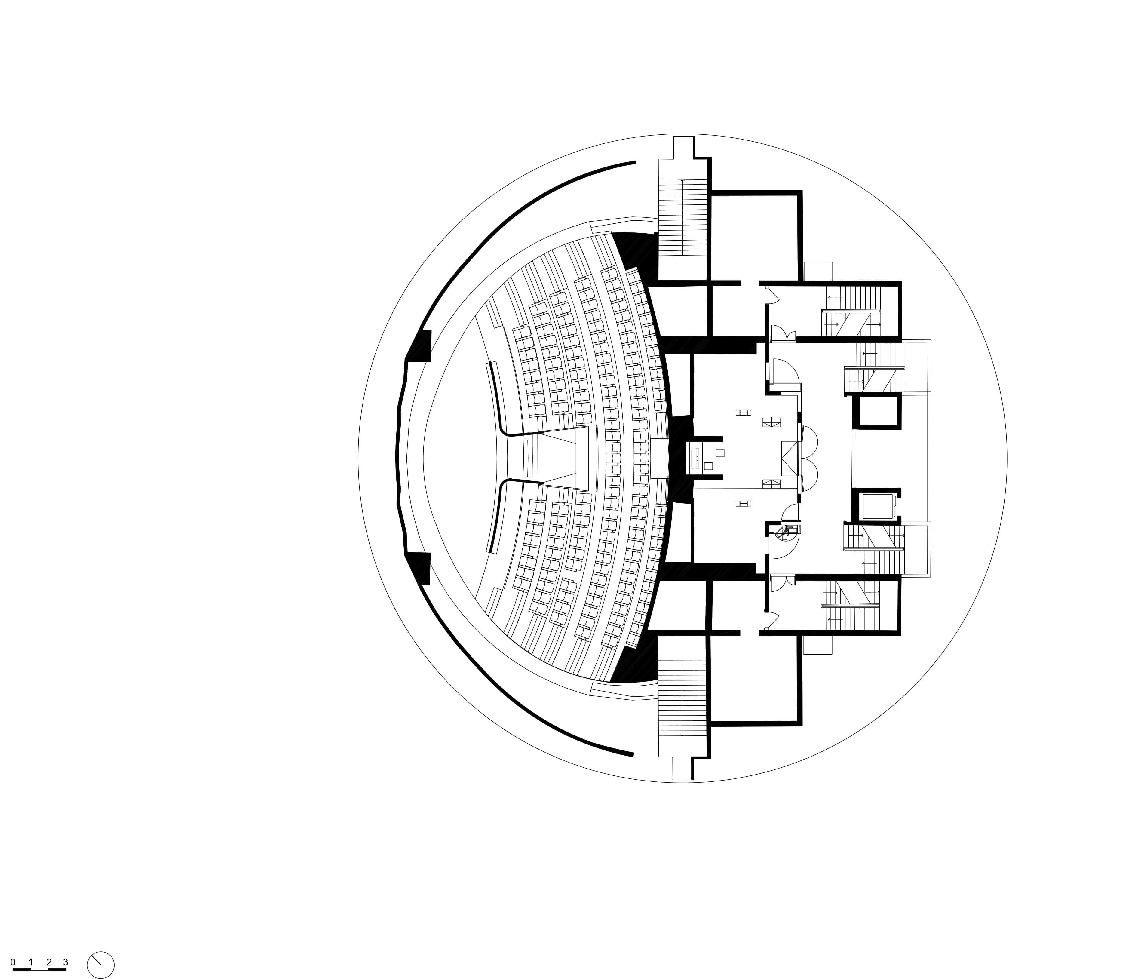 La Geode Dome Cutaway 3D Section 3D section of La Géode showing stairs and seating locations inside the dome.