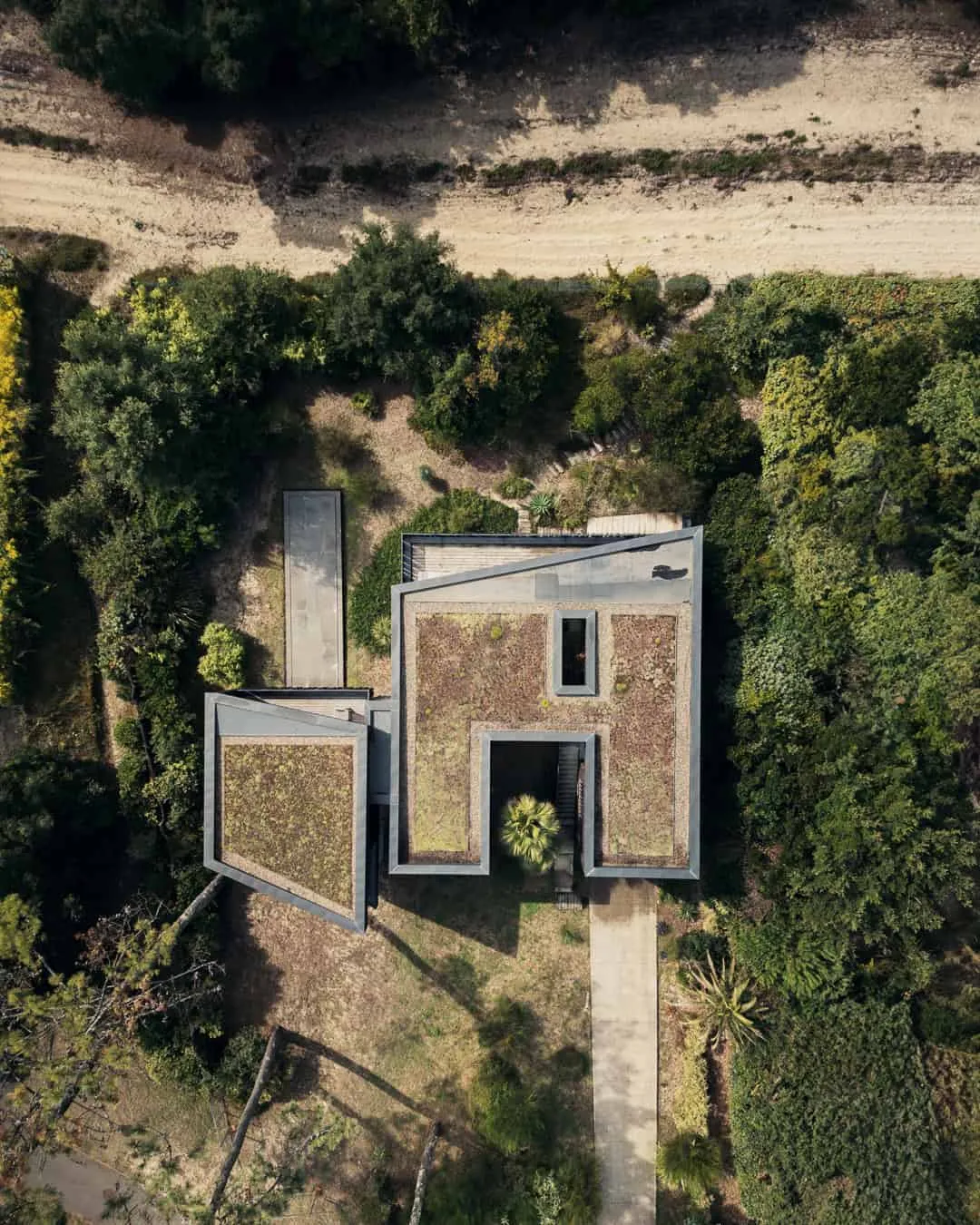 俯视图，显示绿色屋顶与景观的融合。