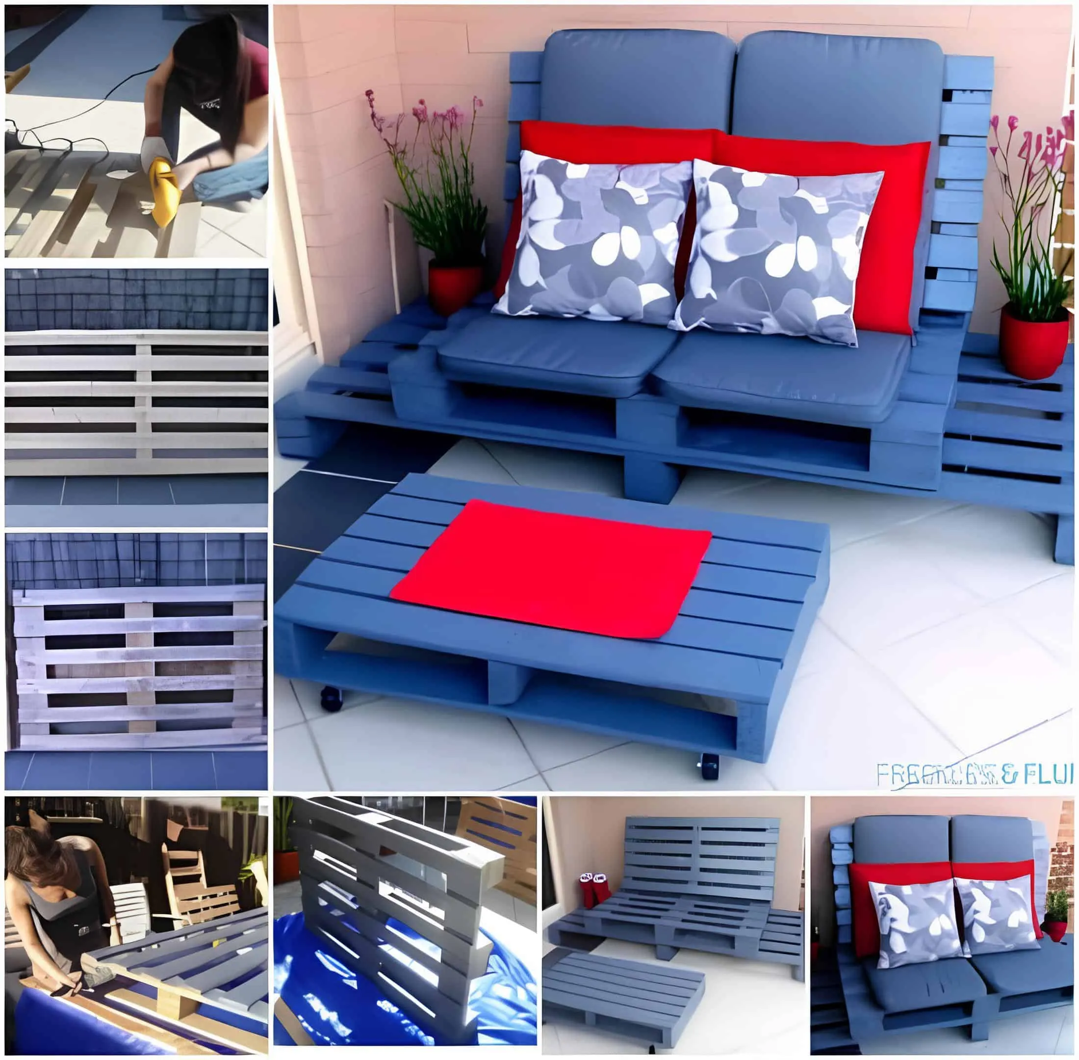 蓝色托盘沙发和咖啡桌，配有红色装饰靠垫，在露台瓷砖上