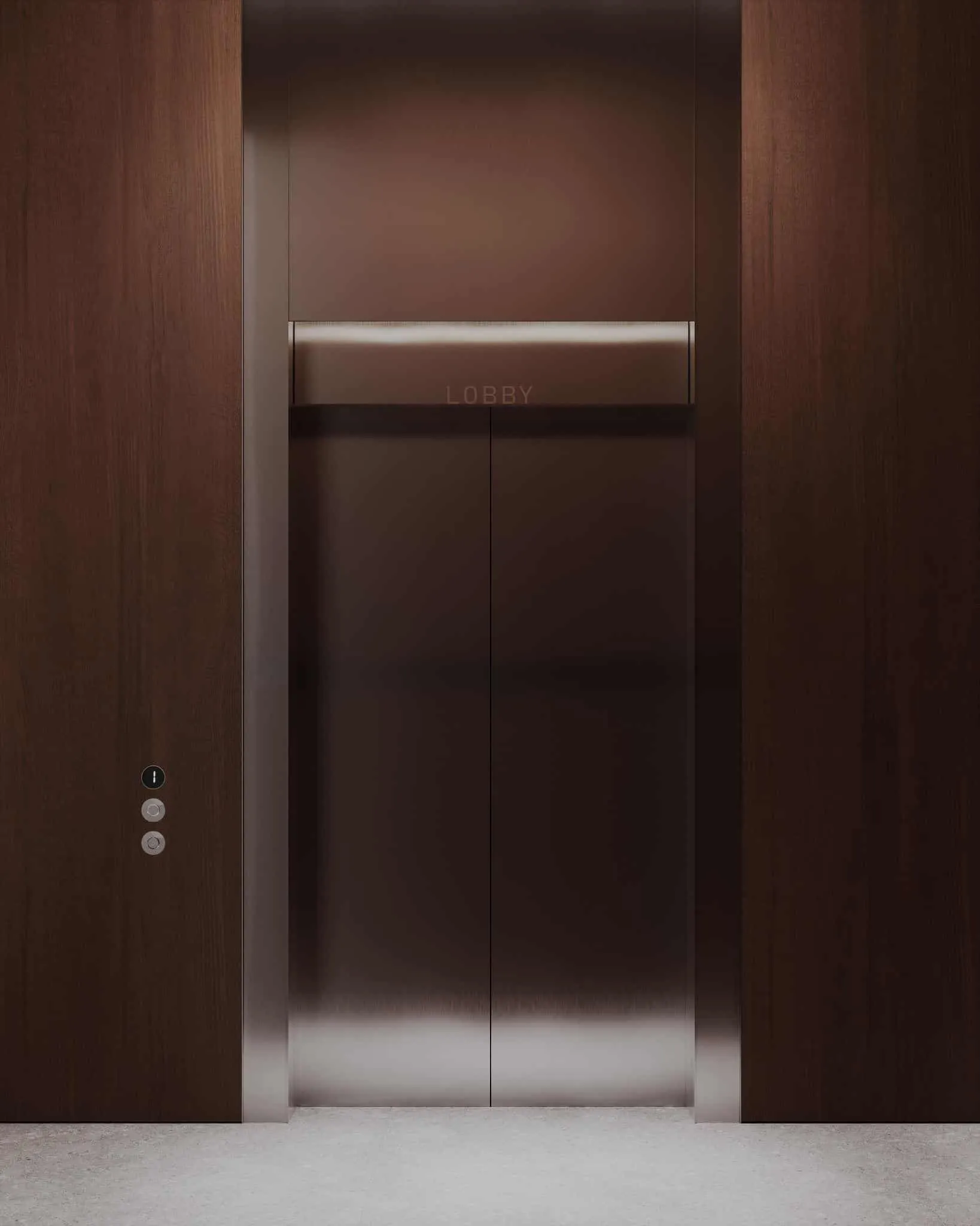 现代大堂中木质墙面的金属电梯门特写。