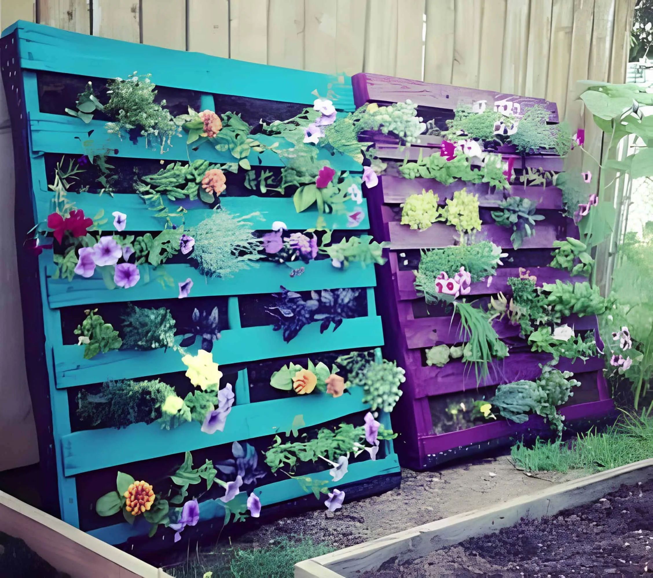青绿色和紫色色的托盘花园，配有不同颜色的花卉