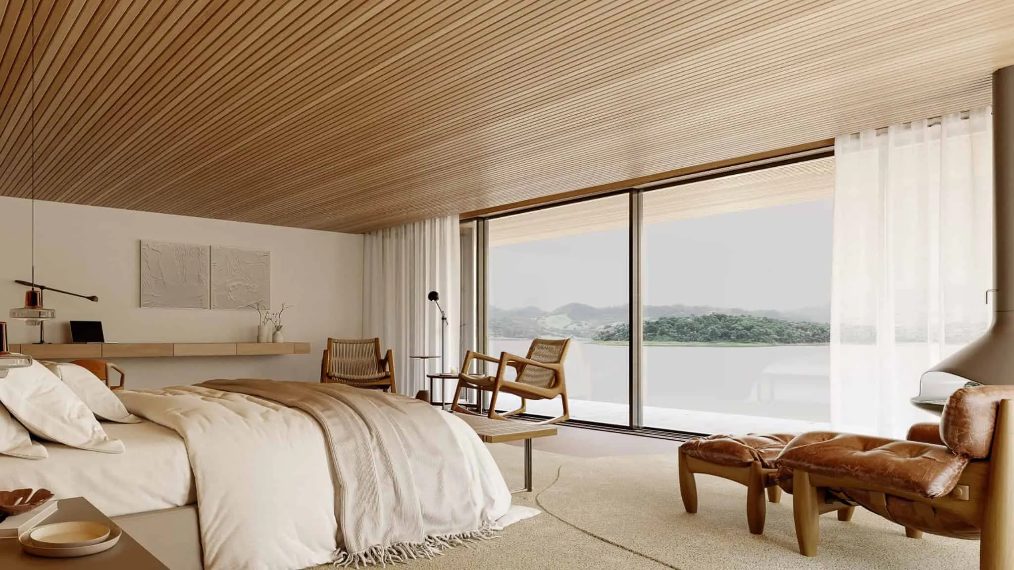 Cozy bedroom with light wooden ceiling and panoramic view.