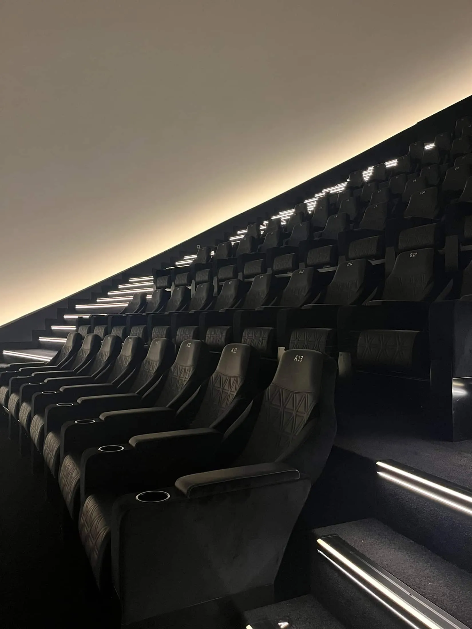 Close-up of seating with integrated lighting inside La Géode.