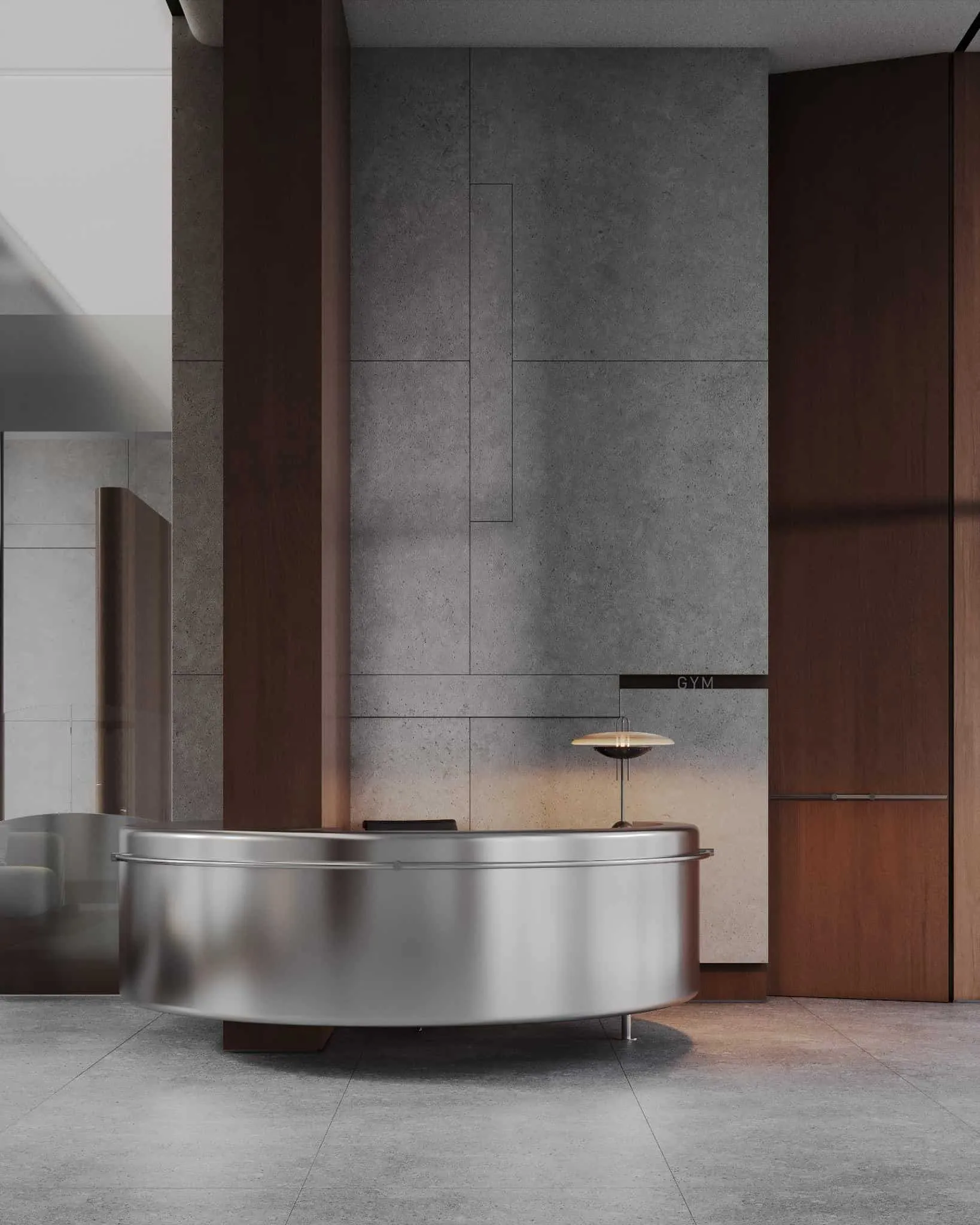 现代前台区配有金属桌和温暖木质墙面。