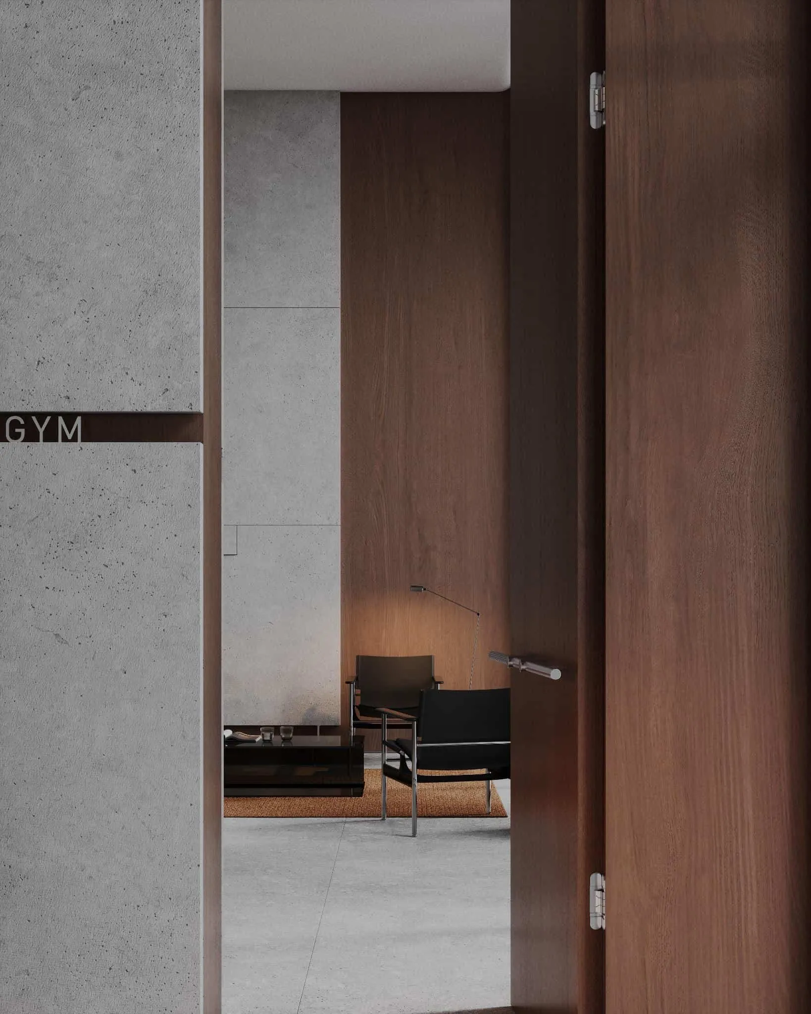 通过木质走廊看向现代休息区，配有极简座椅和黑色灯具。