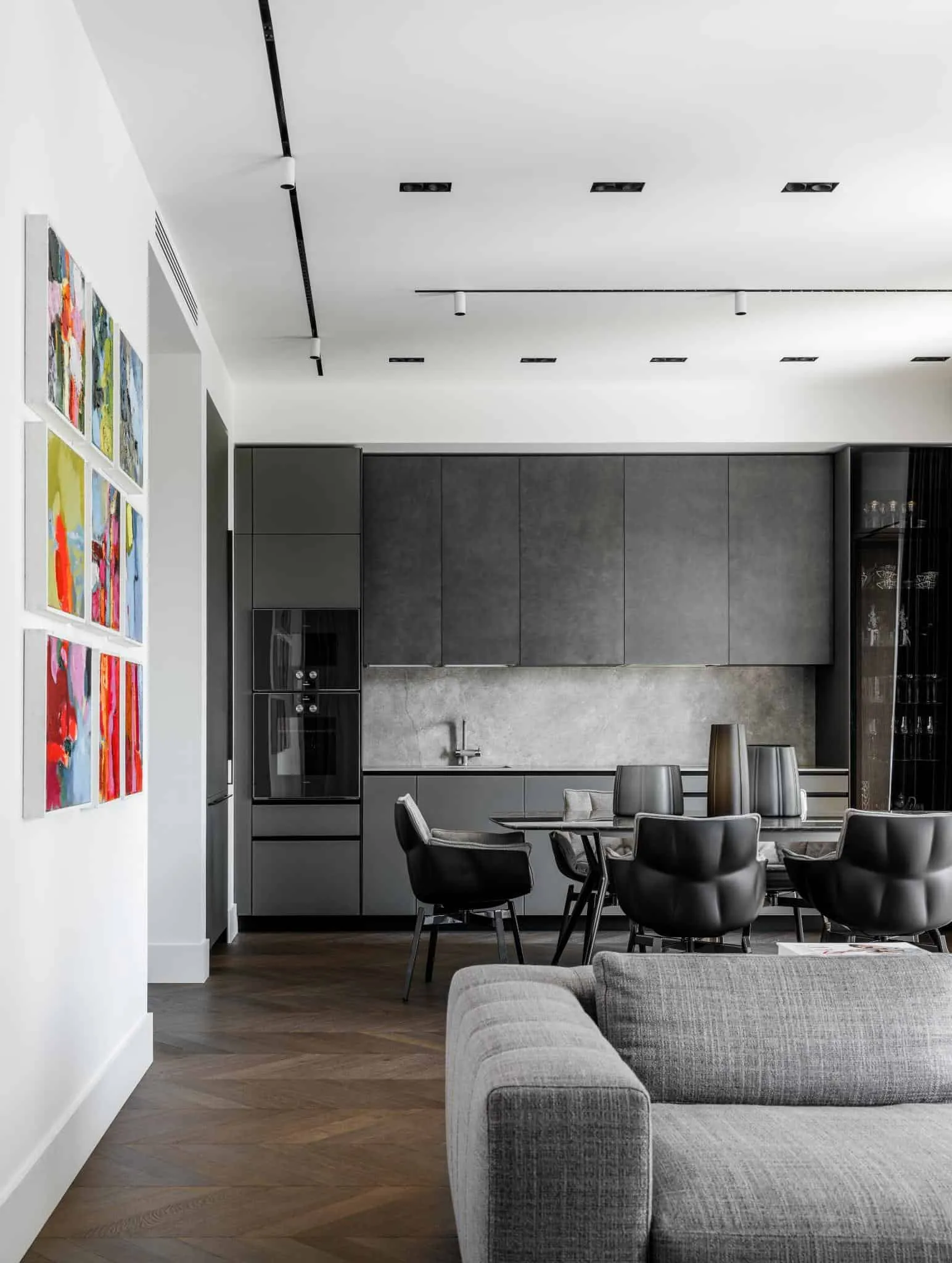 Modern kitchen and dining area.