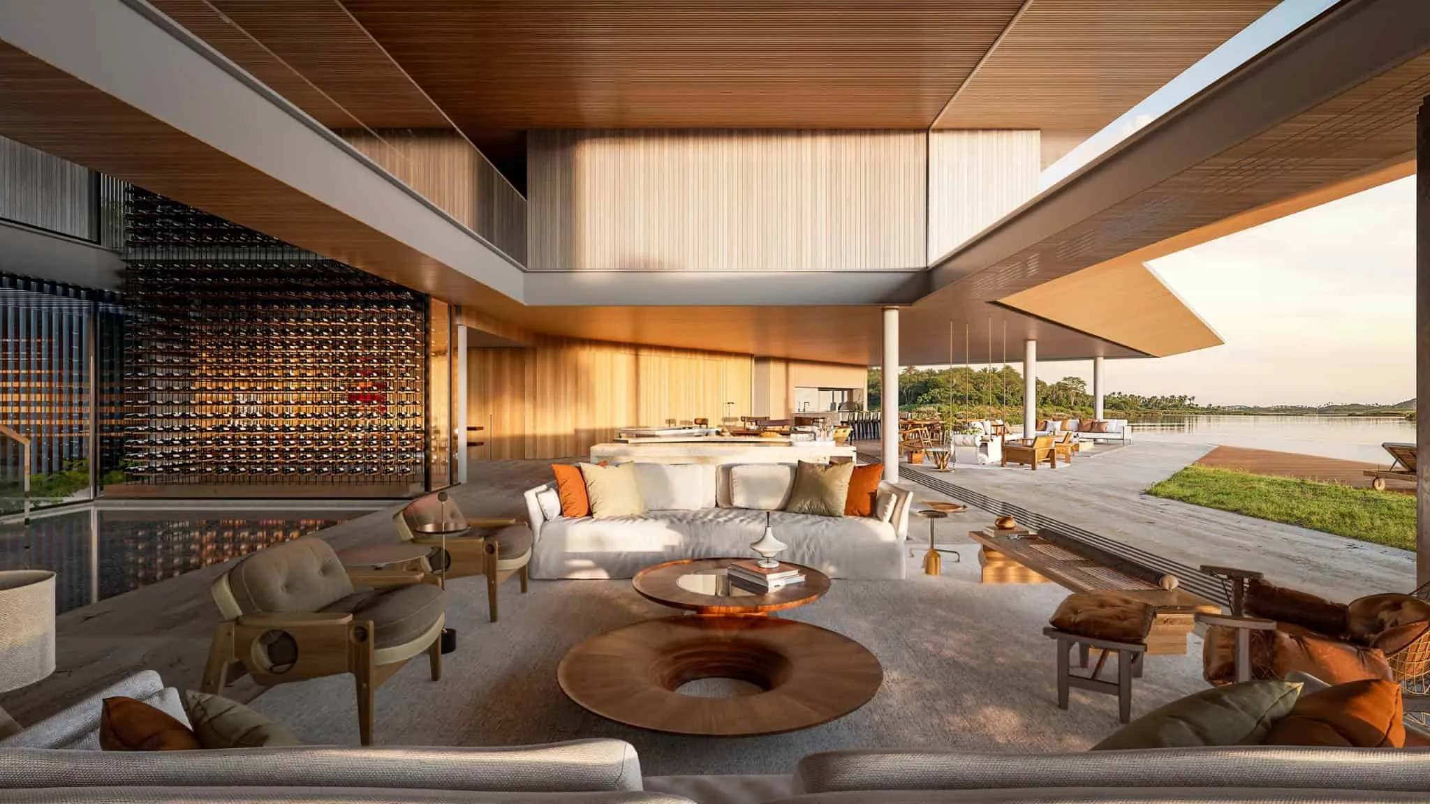 Spacious living room that smoothly connects to the water terrace.