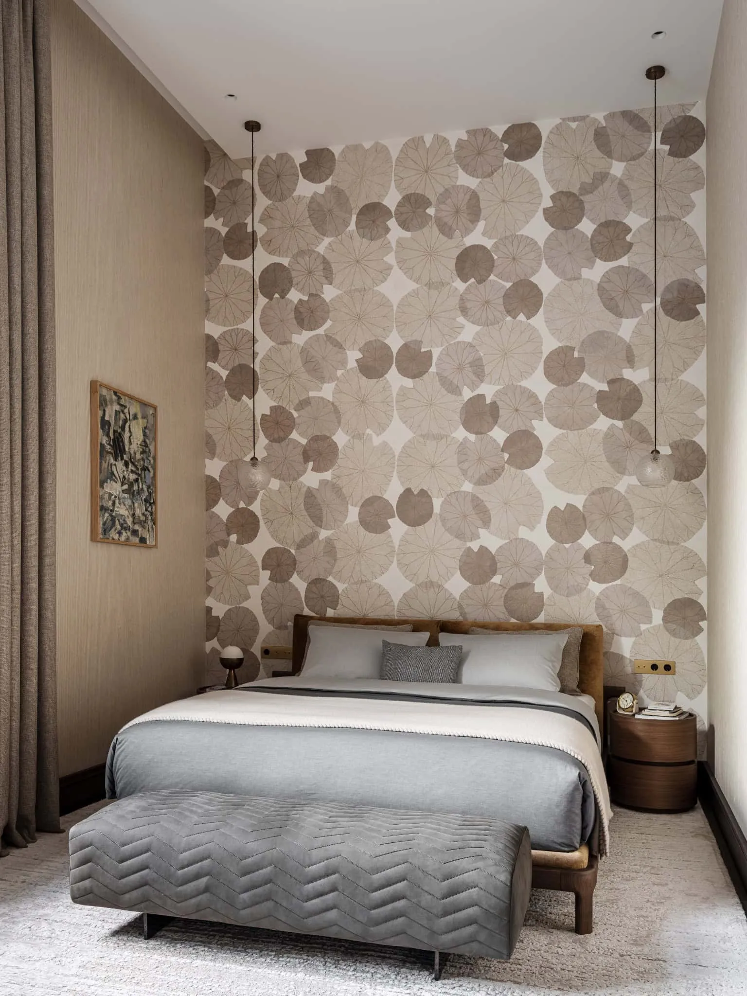 Стильна спальня з геометричними абстрактними шпалерами за ліжком.