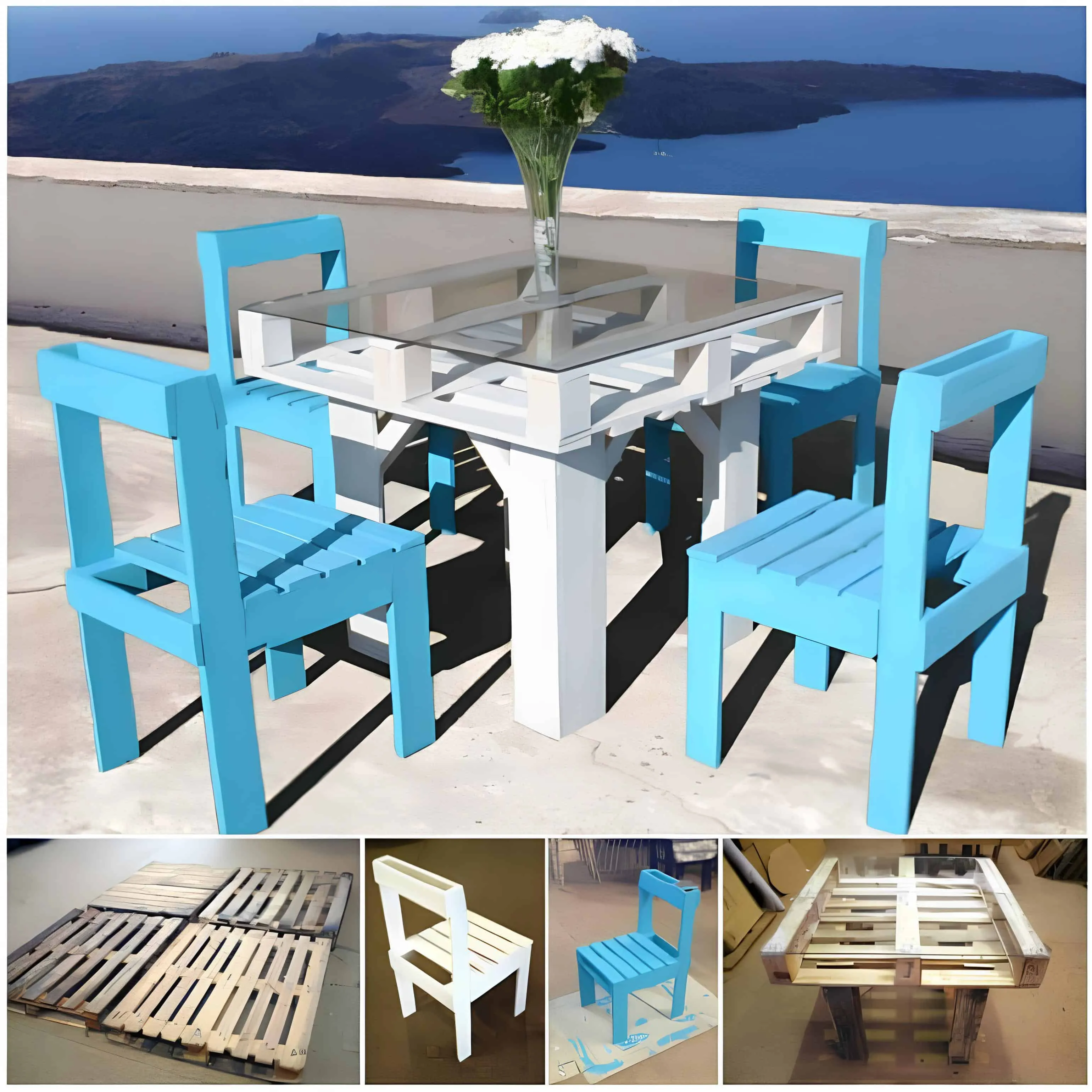 带有透明涂层的白色托盘餐桌和亮蓝色椅子，露台视野