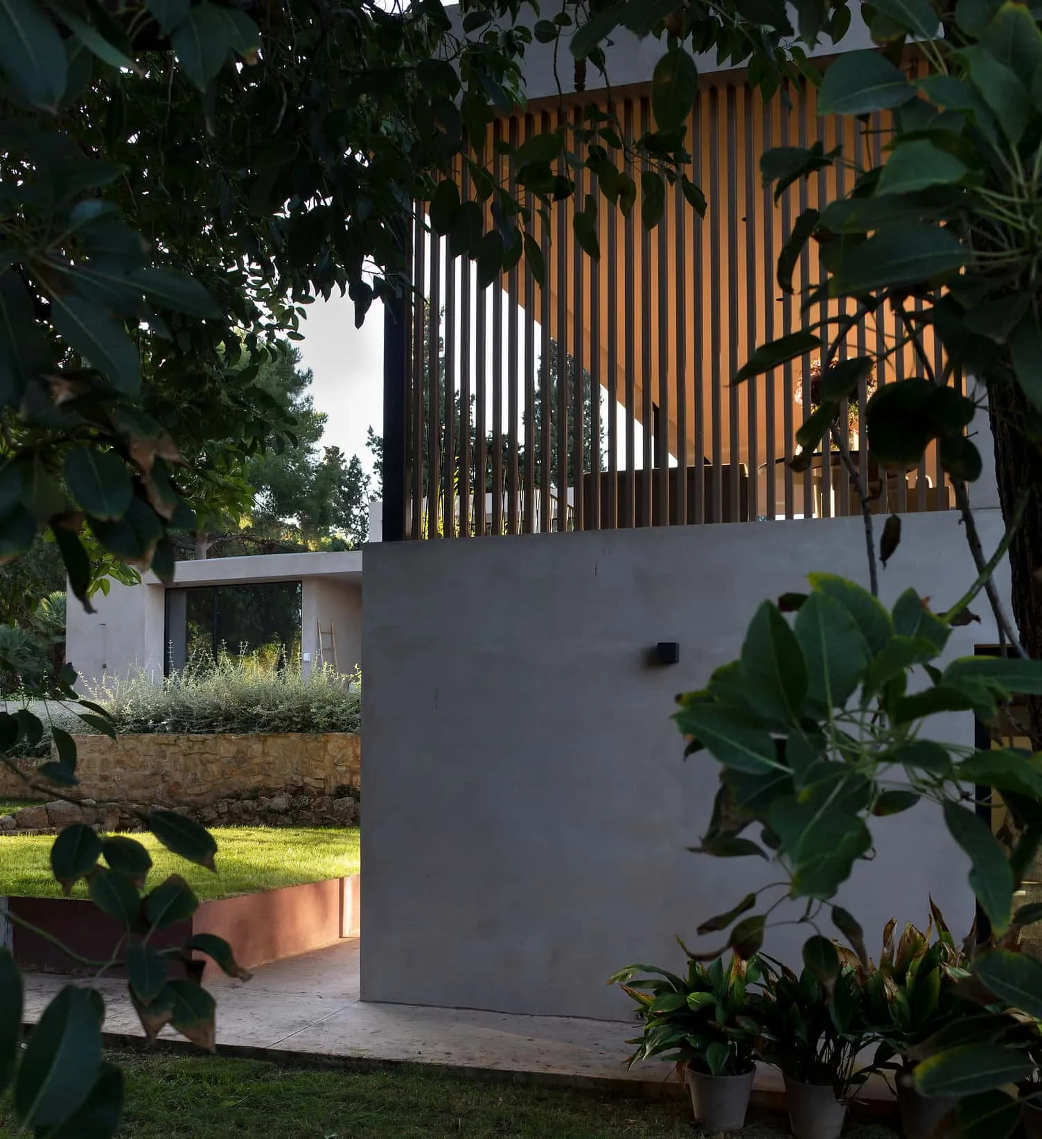 透过绿植看到带木质阳台格栅的现代住宅。