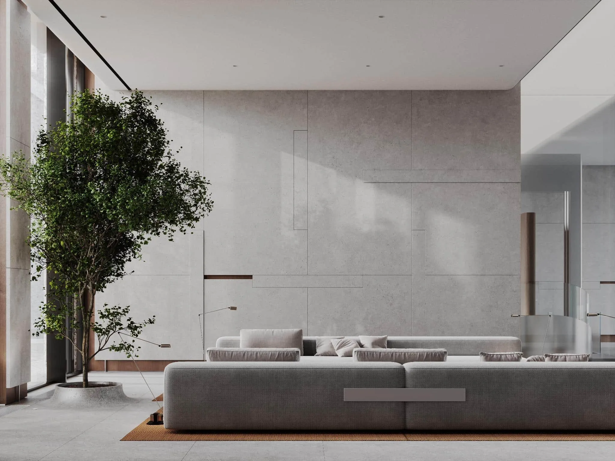 宽敞的休息区，配有蓬松沙发和种植在花园容器中的树木。