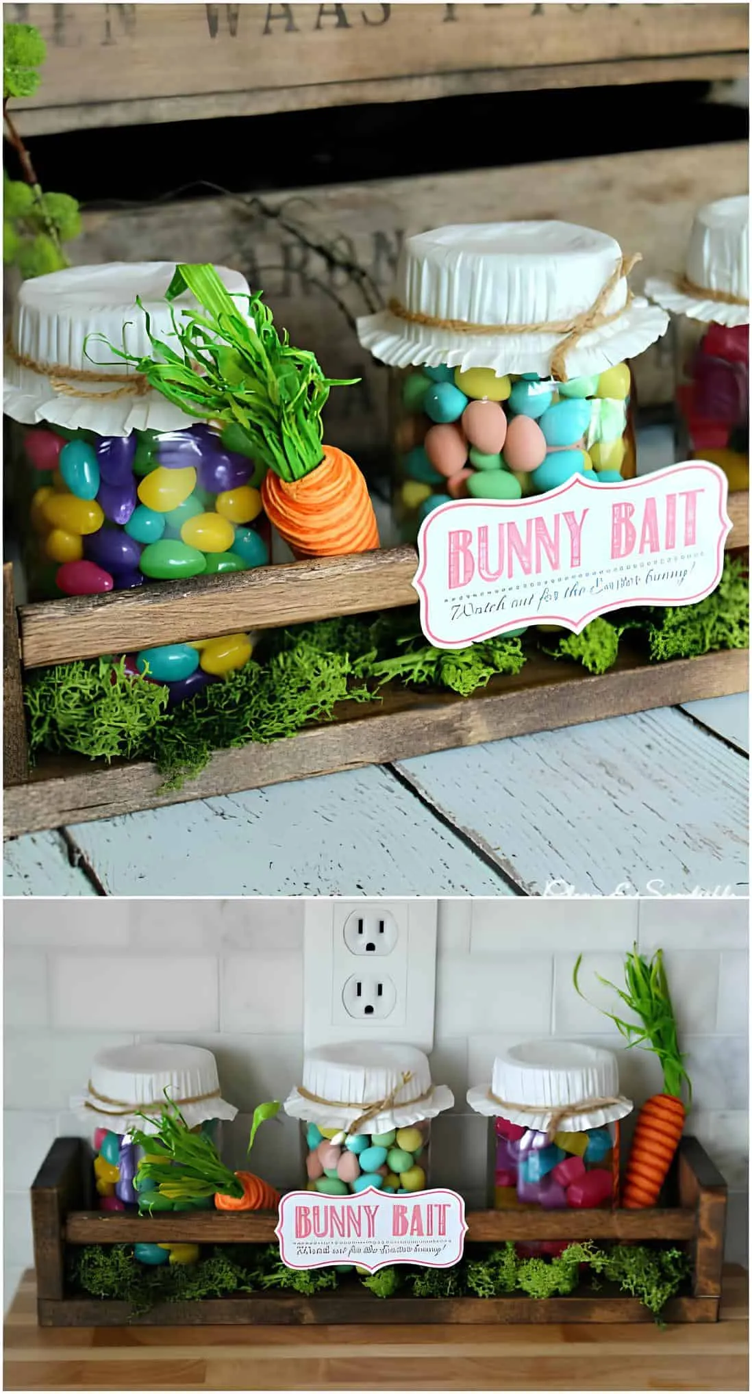 乡村糖果复活节装饰，配有标记为 Bunny Trap 的 Mason 罐子，装有彩色果冻和鸡蛋