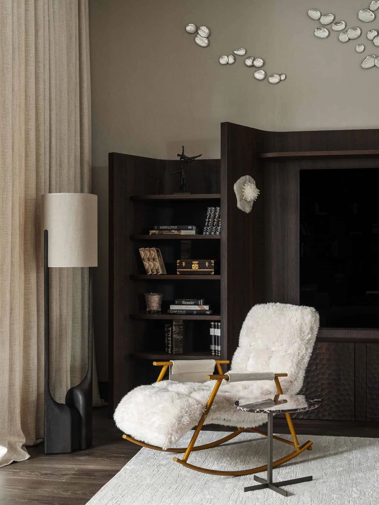 Теплий кут читання з кріслом із вовни та темною дерев'яною полицею.
