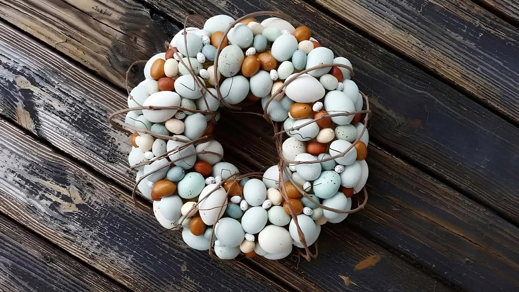 200+ 美丽的复活节门饰创意,适用于 2025 年 乡村复活节门饰,配有粉彩鸡蛋和苔藓在木制背景上