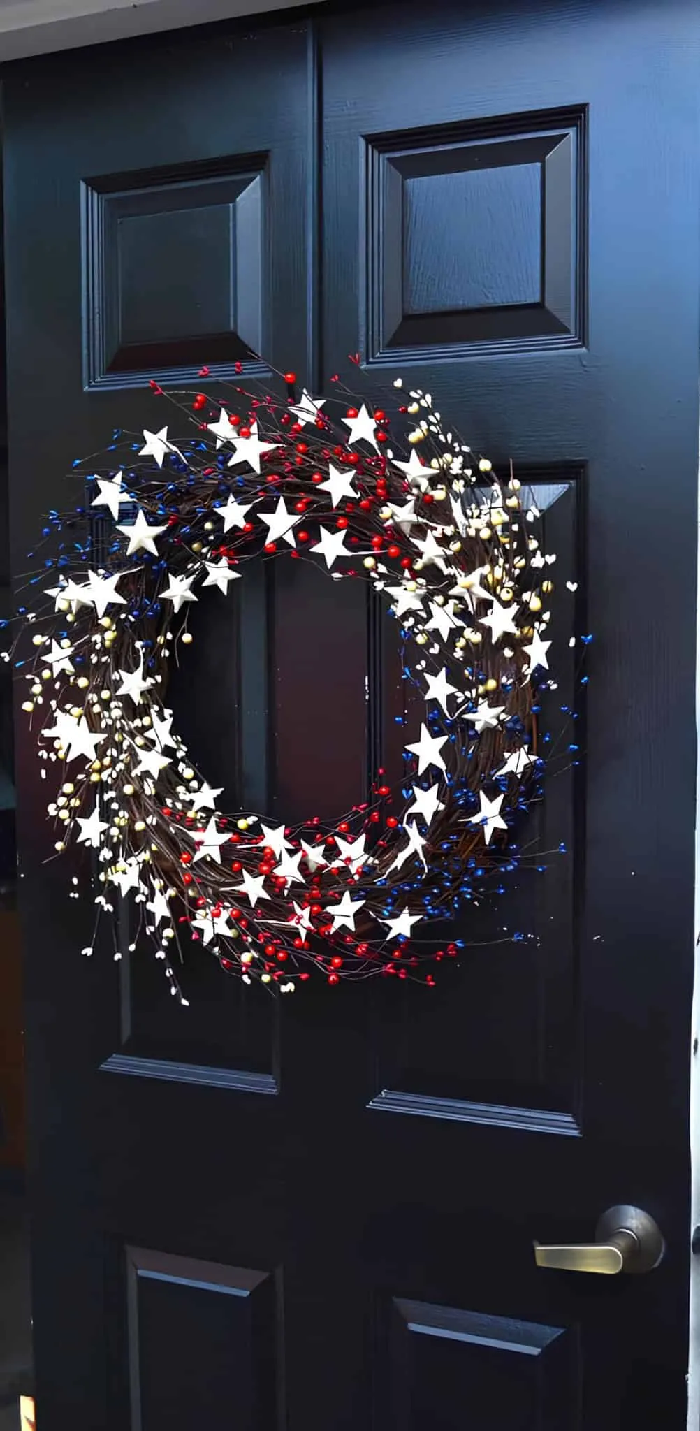 乡村葡萄藤花环，装饰红、白、蓝浆果和白色星星