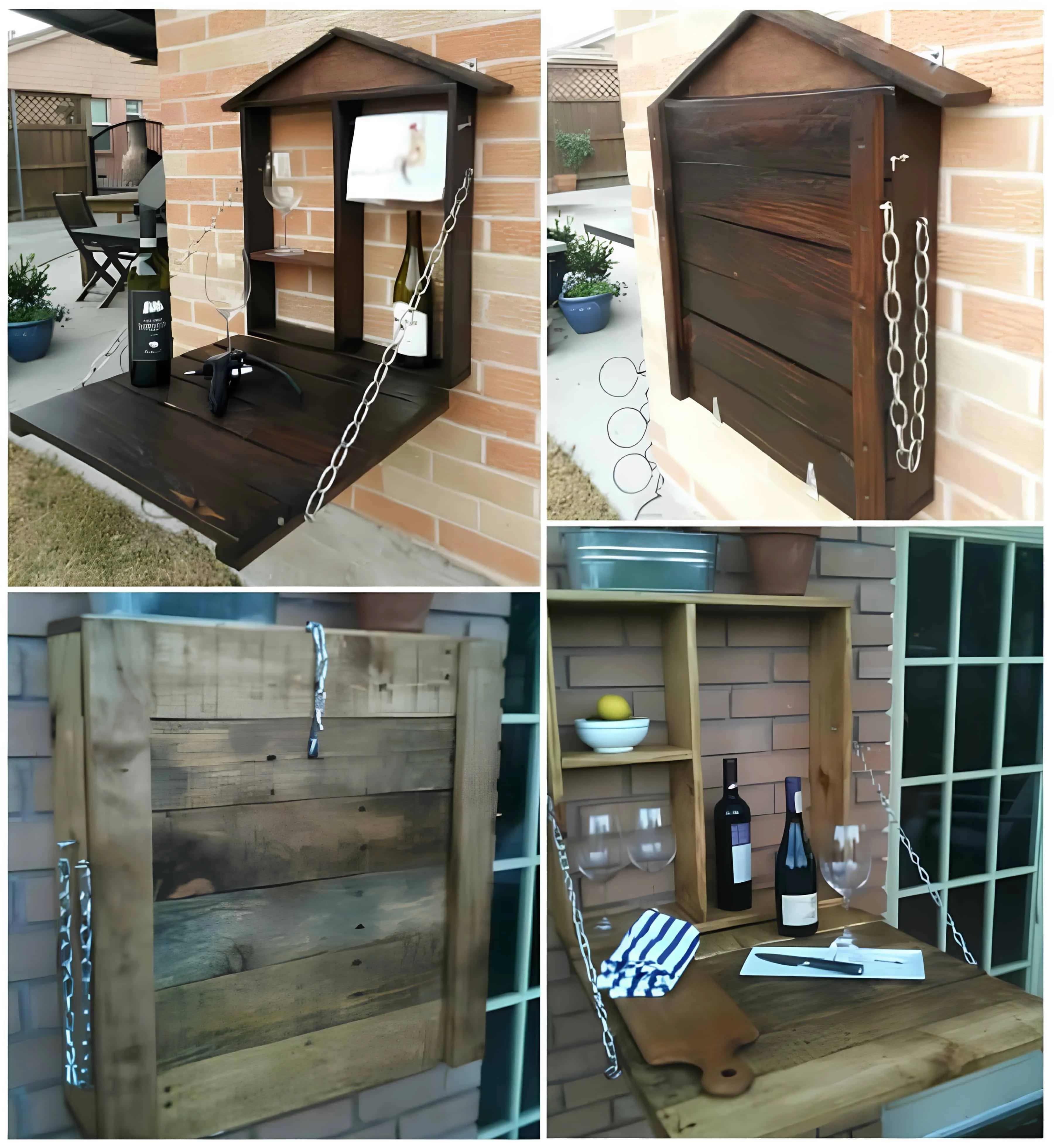 安装在砖墙上的拱形托盘酒吧台，配有用于支撑的链条