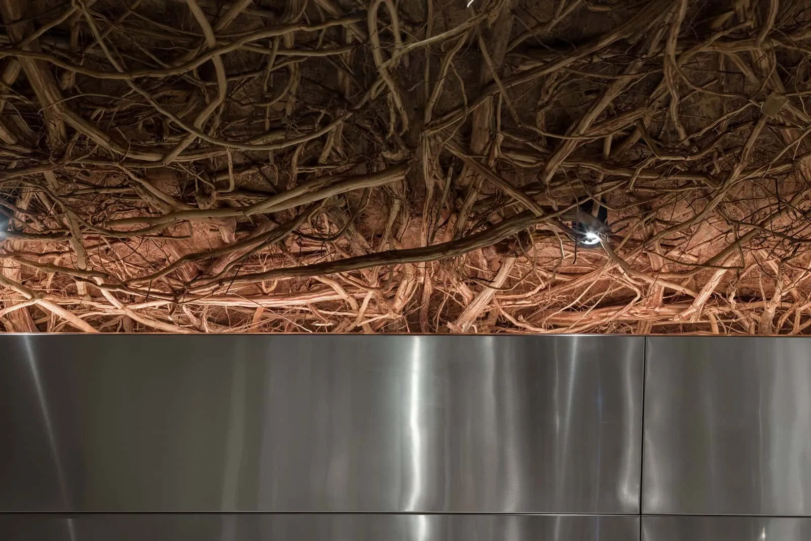 钢材墙面与多层木质树枝天花板的突出对比