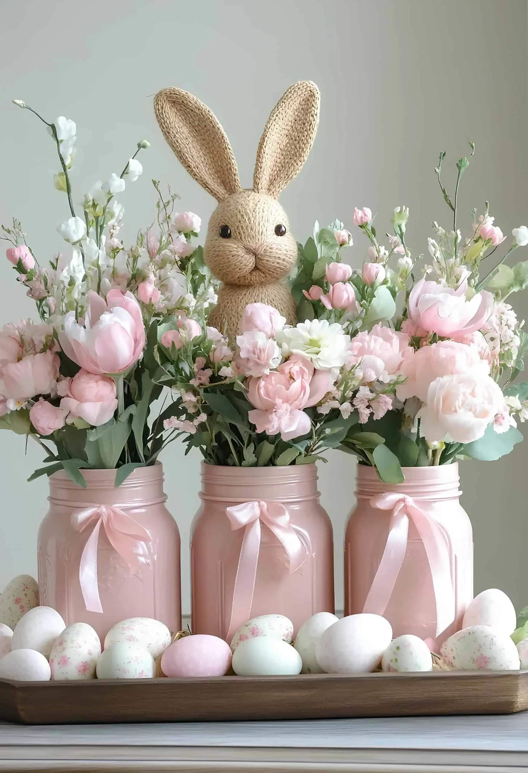 复活节粉色 Mason 罐子，装有春季花朵和兔子装饰，周围环绕着柔和的鸡蛋