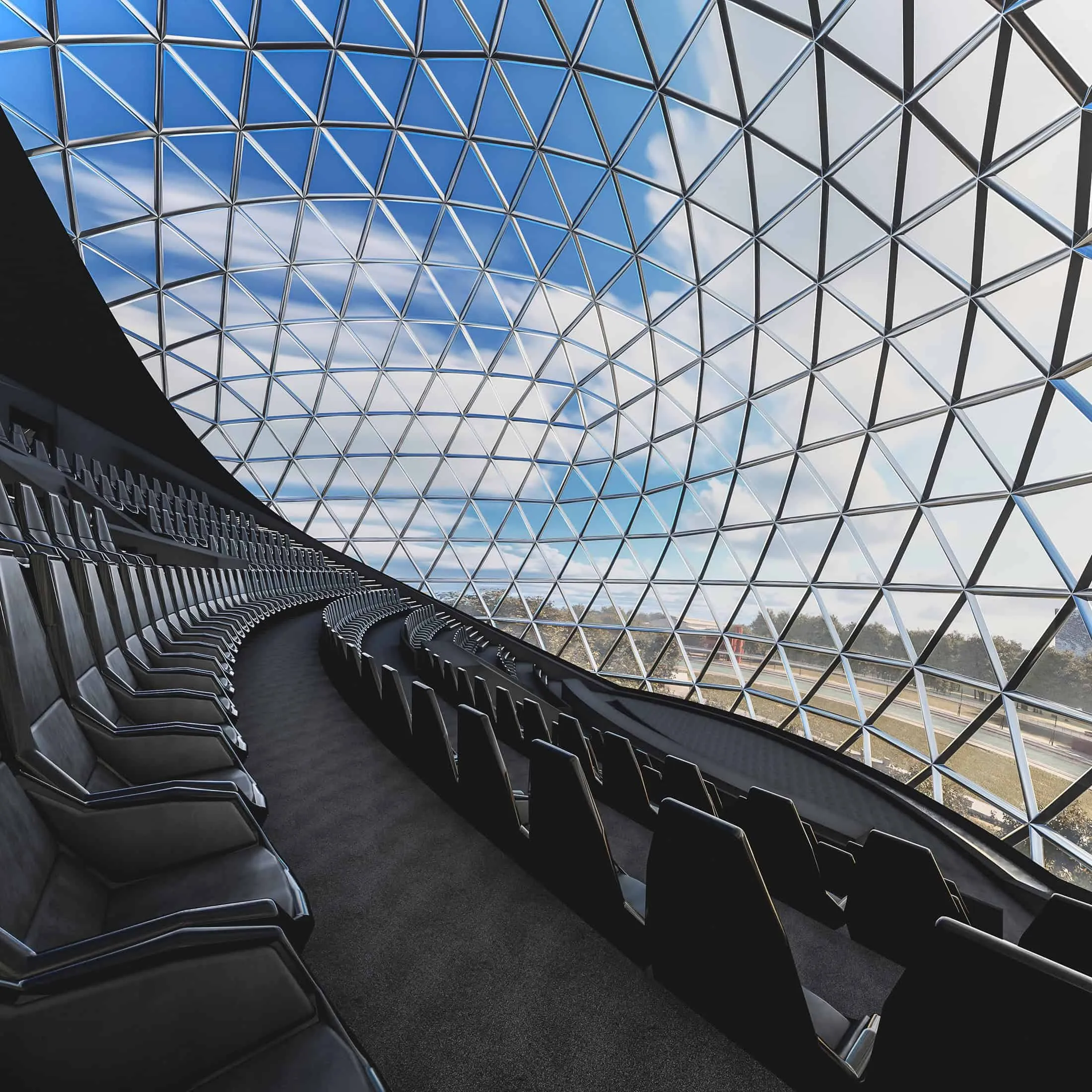 Interior view of La Géode with a dome-shaped glass structure and seating.