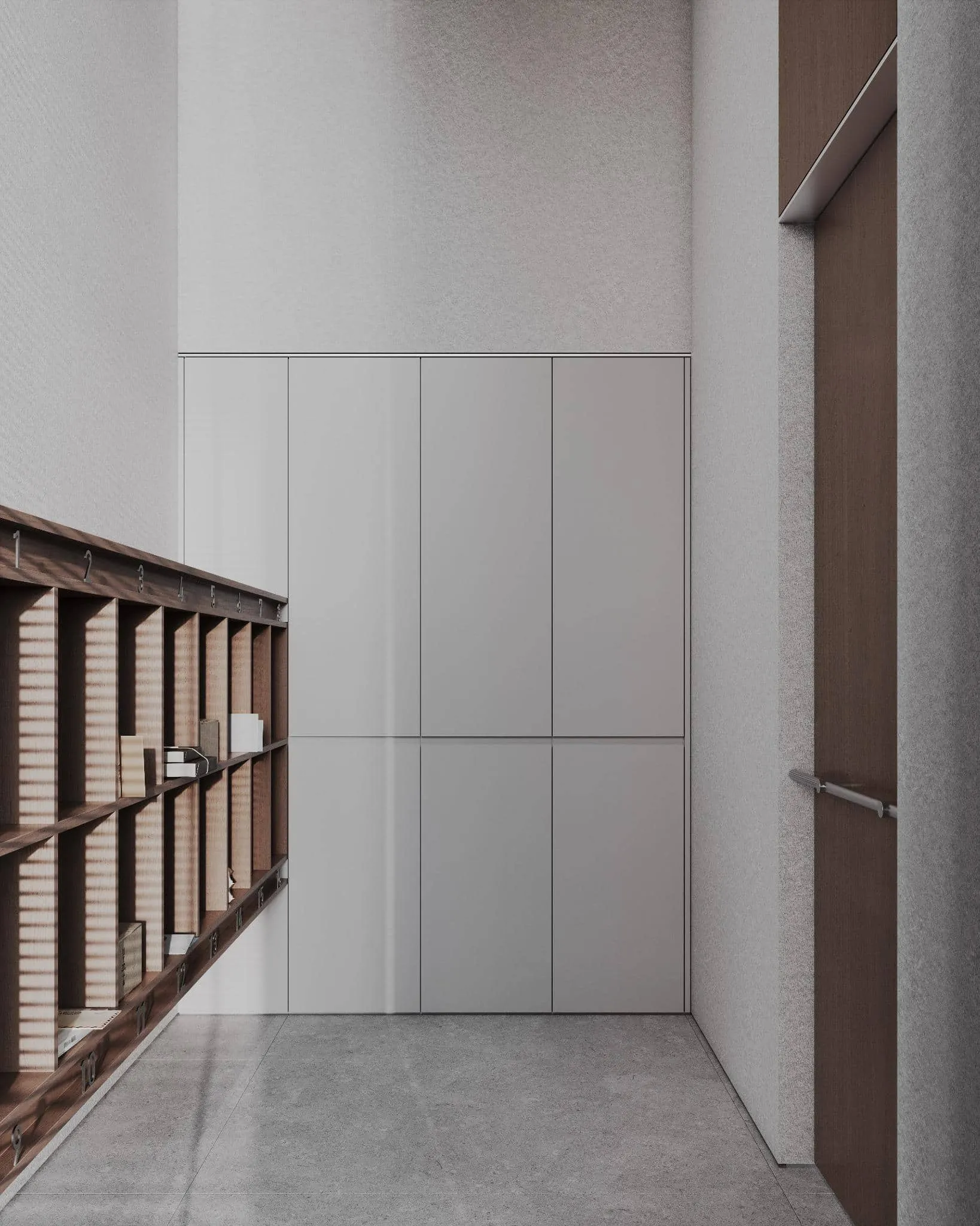 带书和包裹的储物系统侧面视图，与灰色柜子结合。