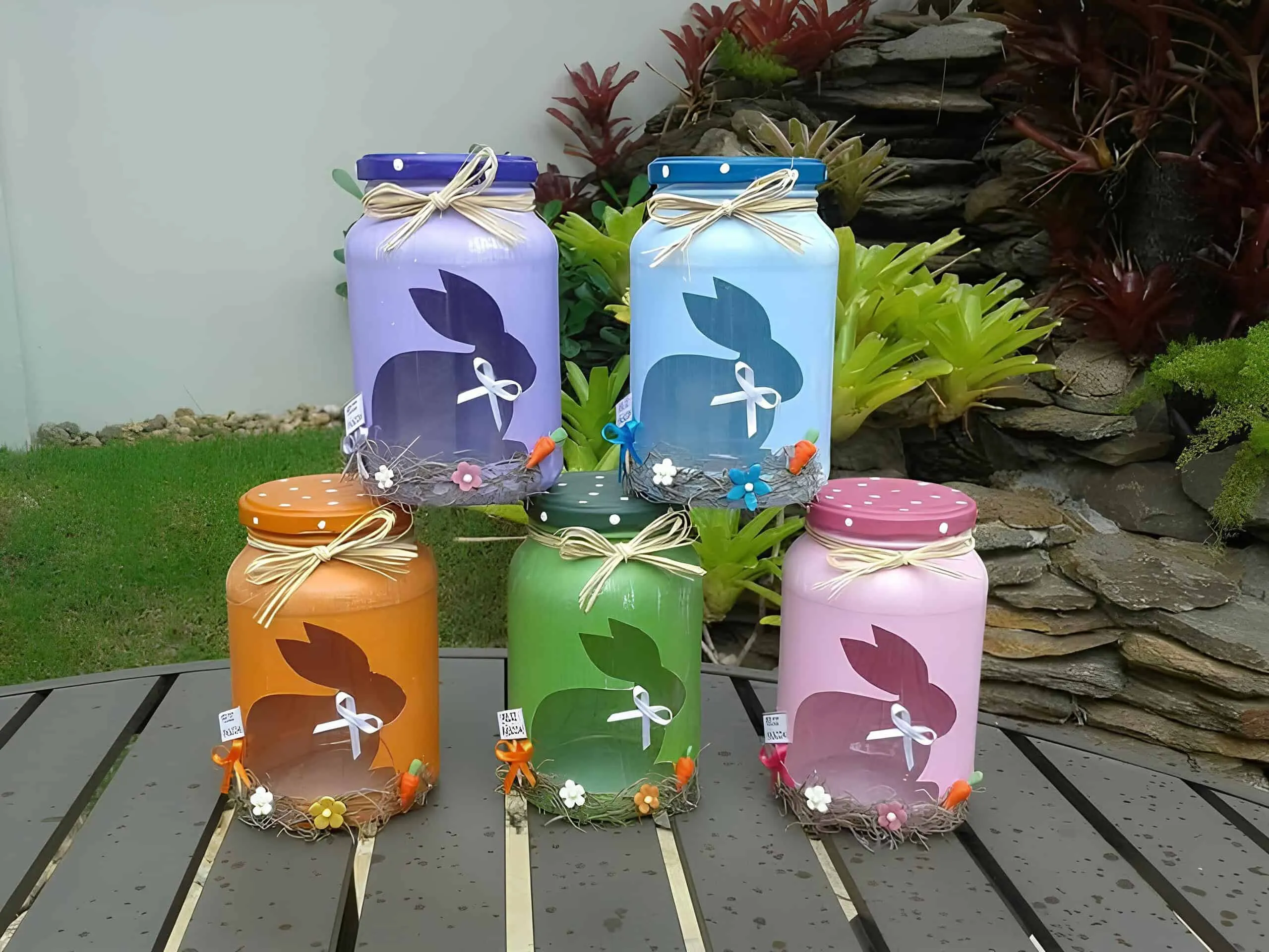 复活节彩色 Mason 罐子套装，兔子轮廓、丝带和迷你胡萝卜