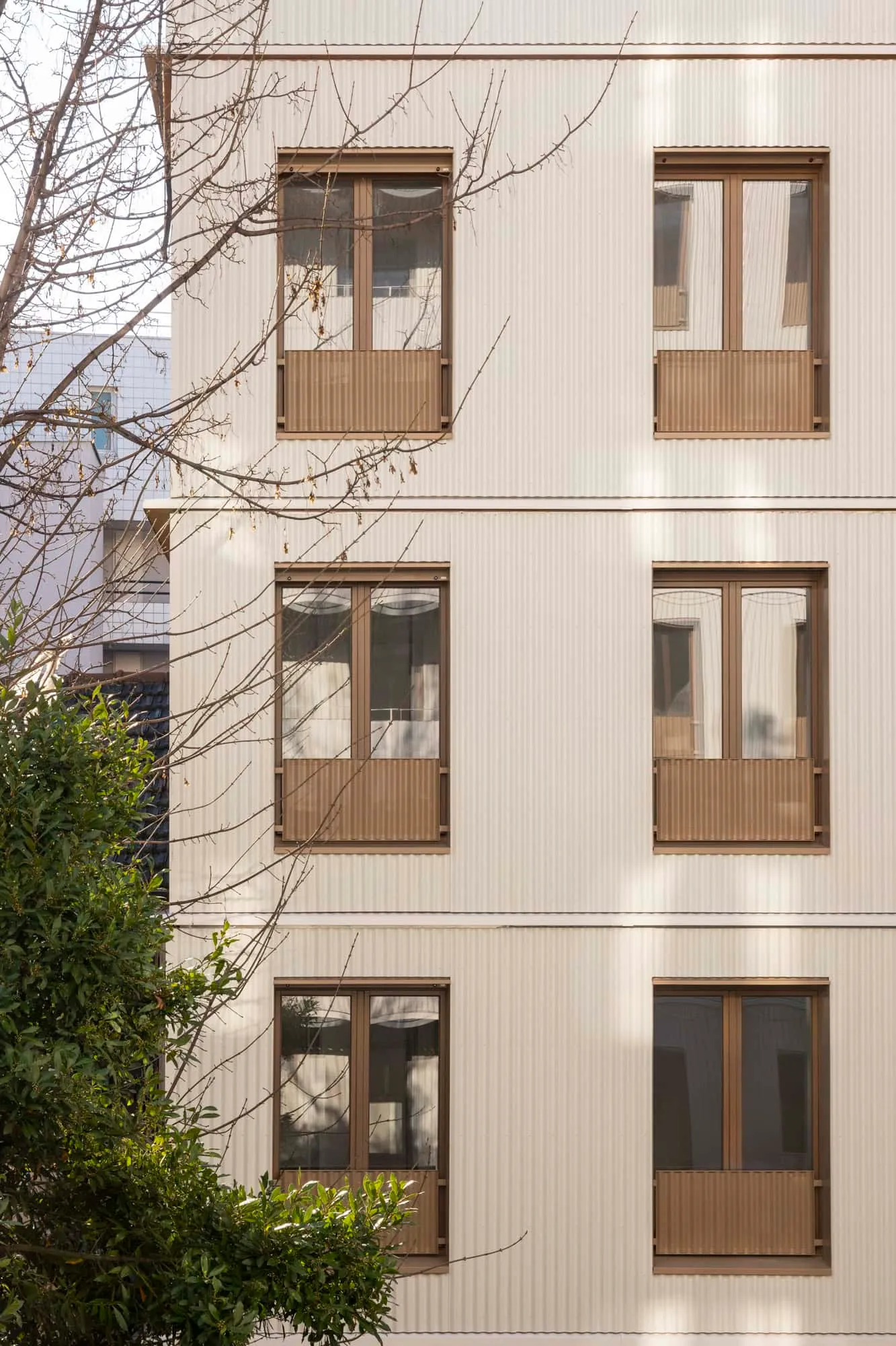 Close-up of windows with warm brown frame and corrugated cladding