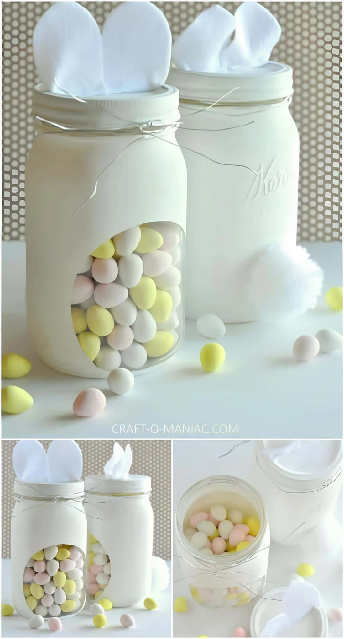 手工复活节 Mason 罐子，作为糖果盒，配有柔和鸡蛋和盖上的兔子耳朵