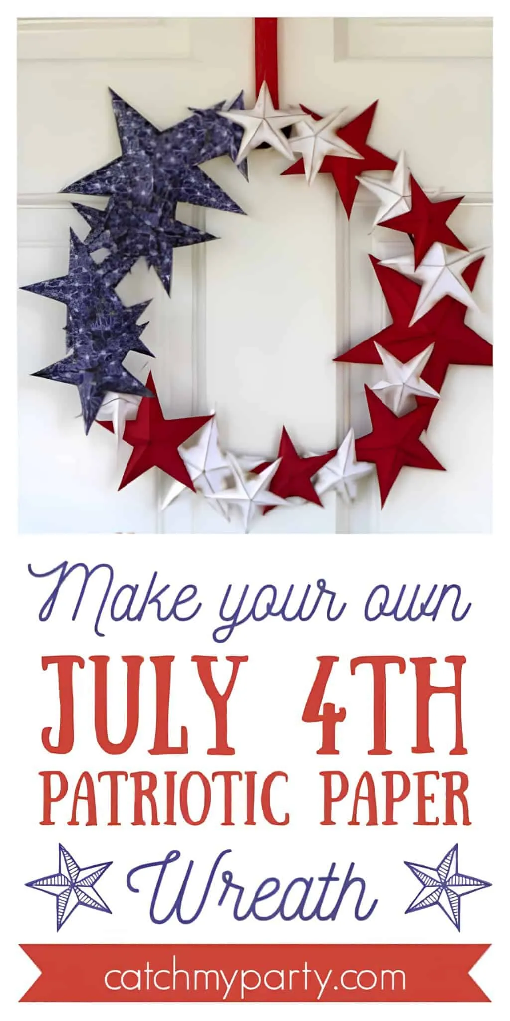 有趣的7月4日纸星星花环，红、白、蓝三色，配有说明贴纸