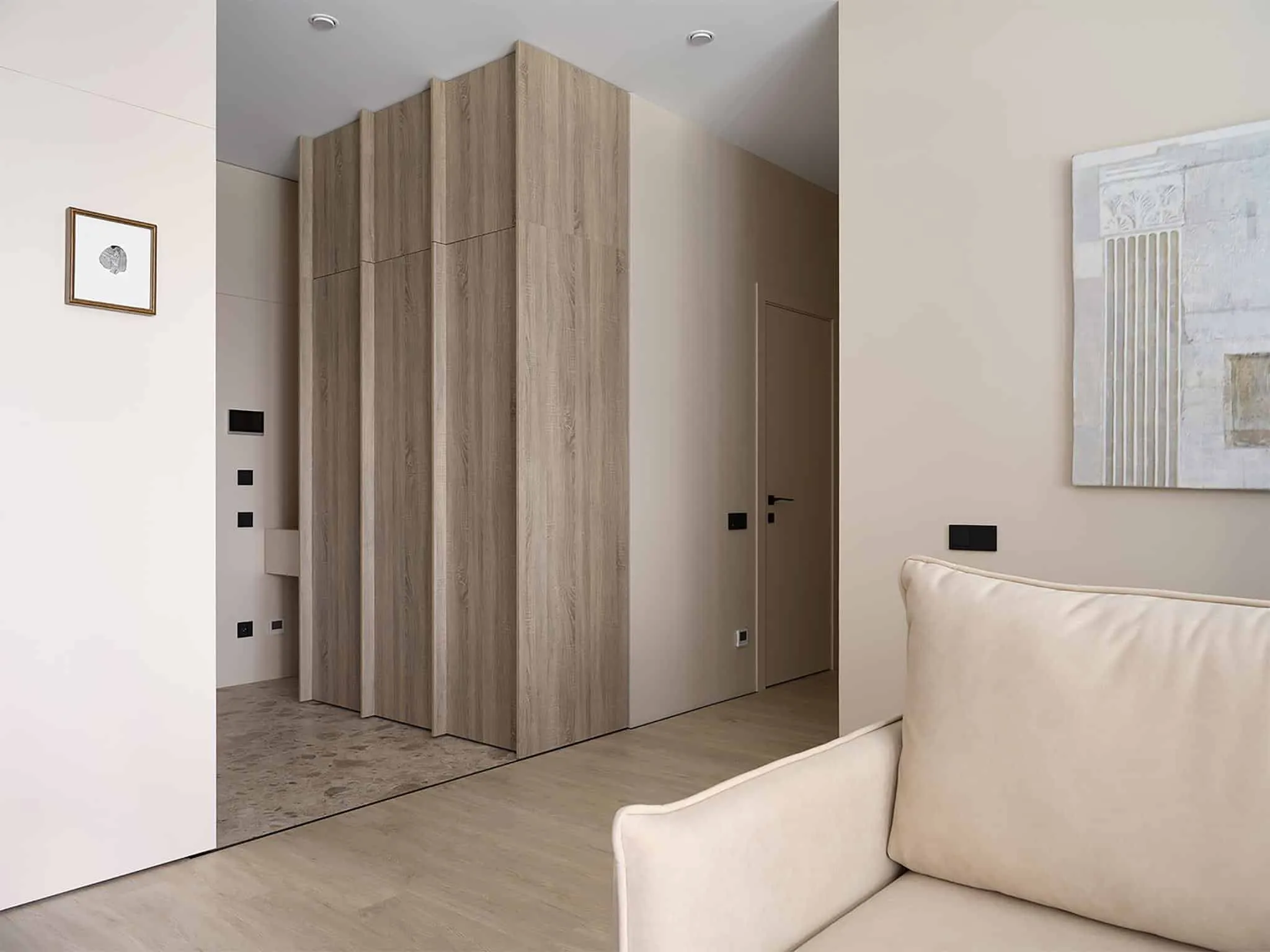 配有现代木质储物柜和极简内饰细节的入口区。